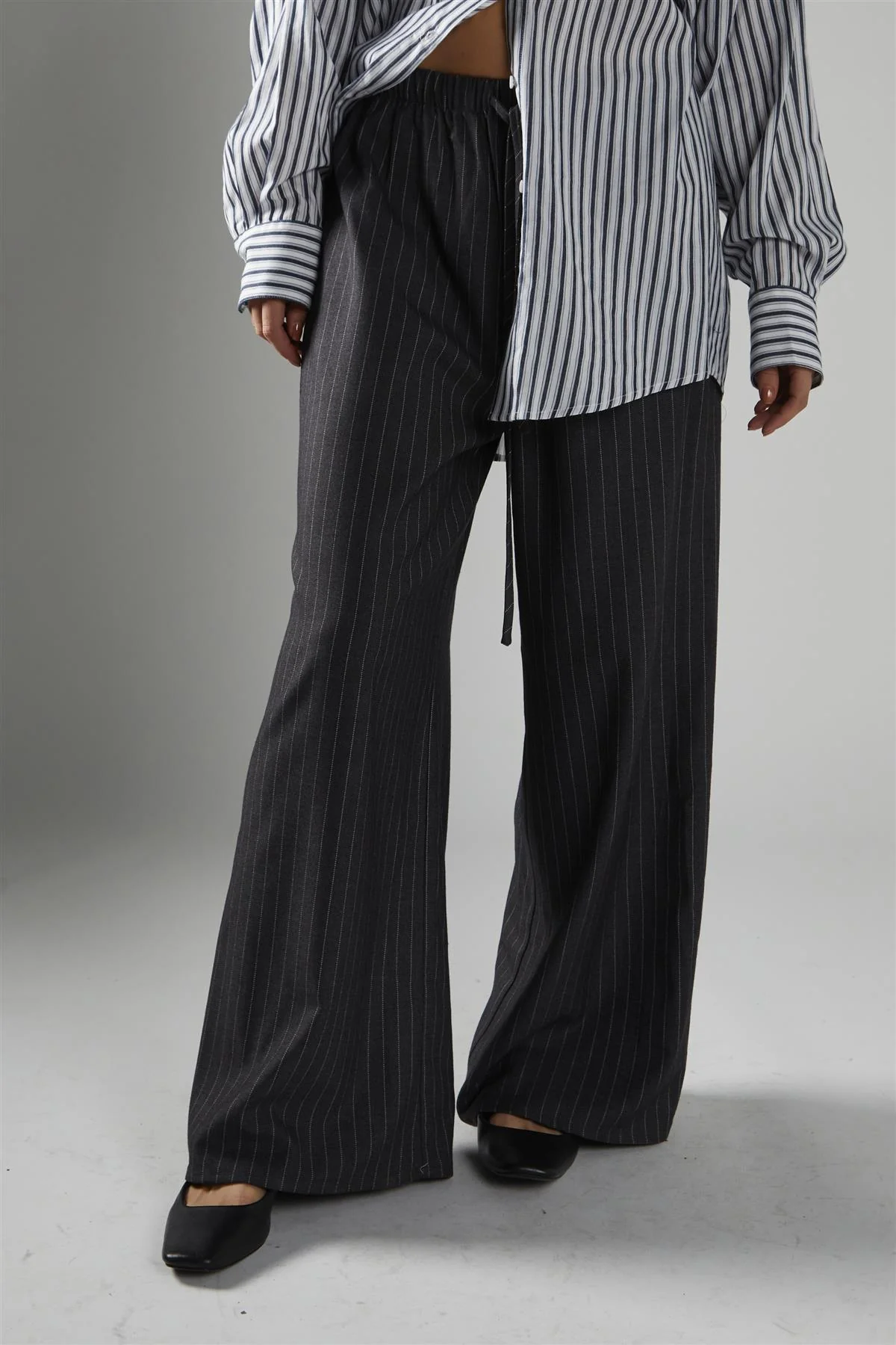 Dark Grey Pinstripe Wide Leg Trousers - Image 3
