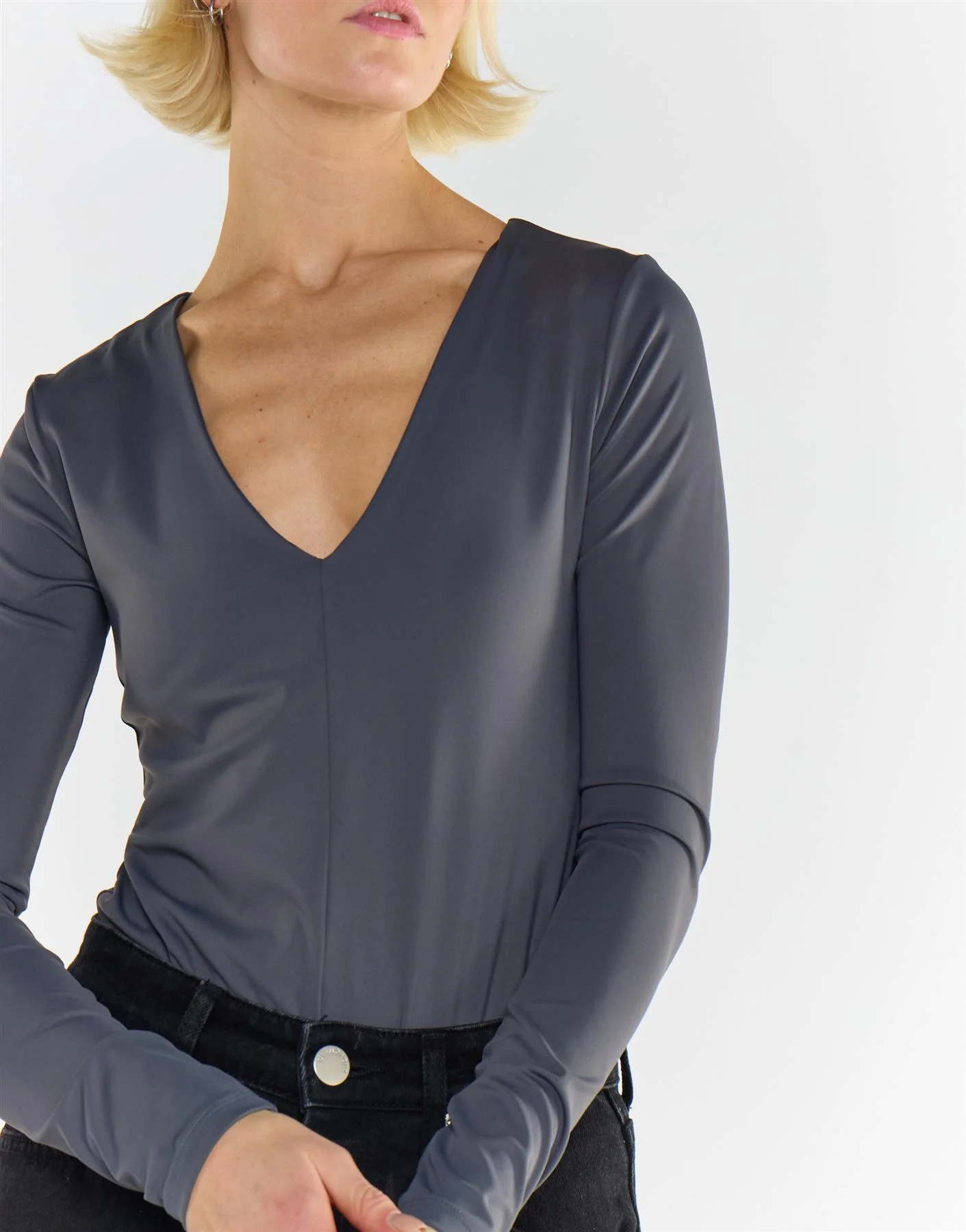 Dark Grey V Neck Bodysuit - Image 3