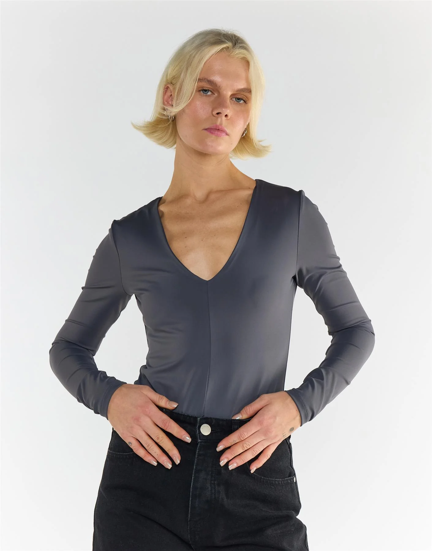 Dark Grey V Neck Bodysuit - Image 4