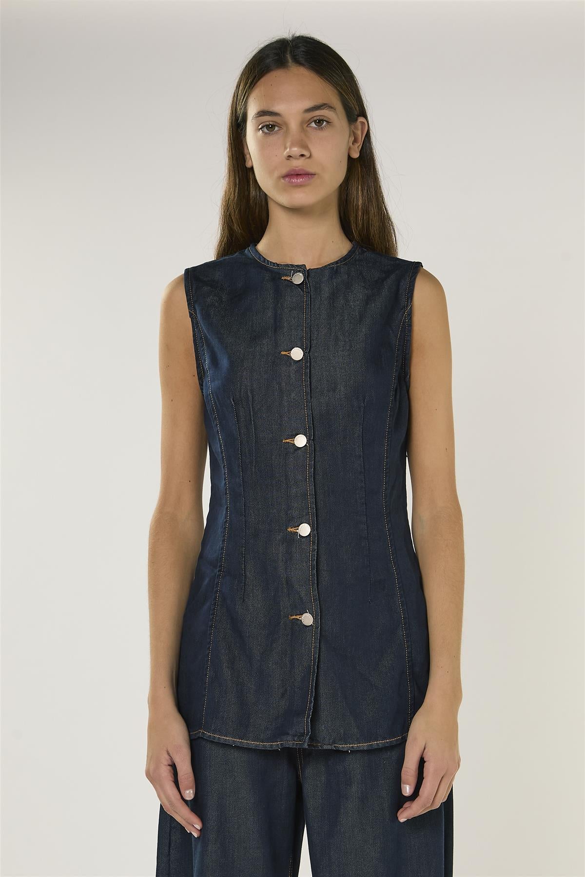 Dark Indigo Denim Sleeveless Blouse - Image 3