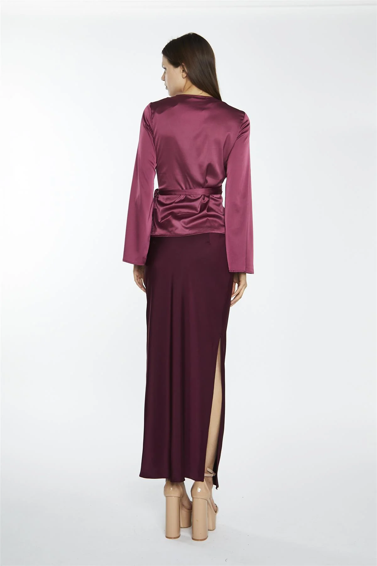 Dark-Raspberry Satin Fluted-Sleeve Wrap-Top - Image 2