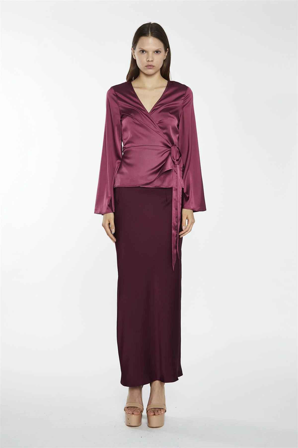 Dark-Raspberry Satin Fluted-Sleeve Wrap-Top - Image 3