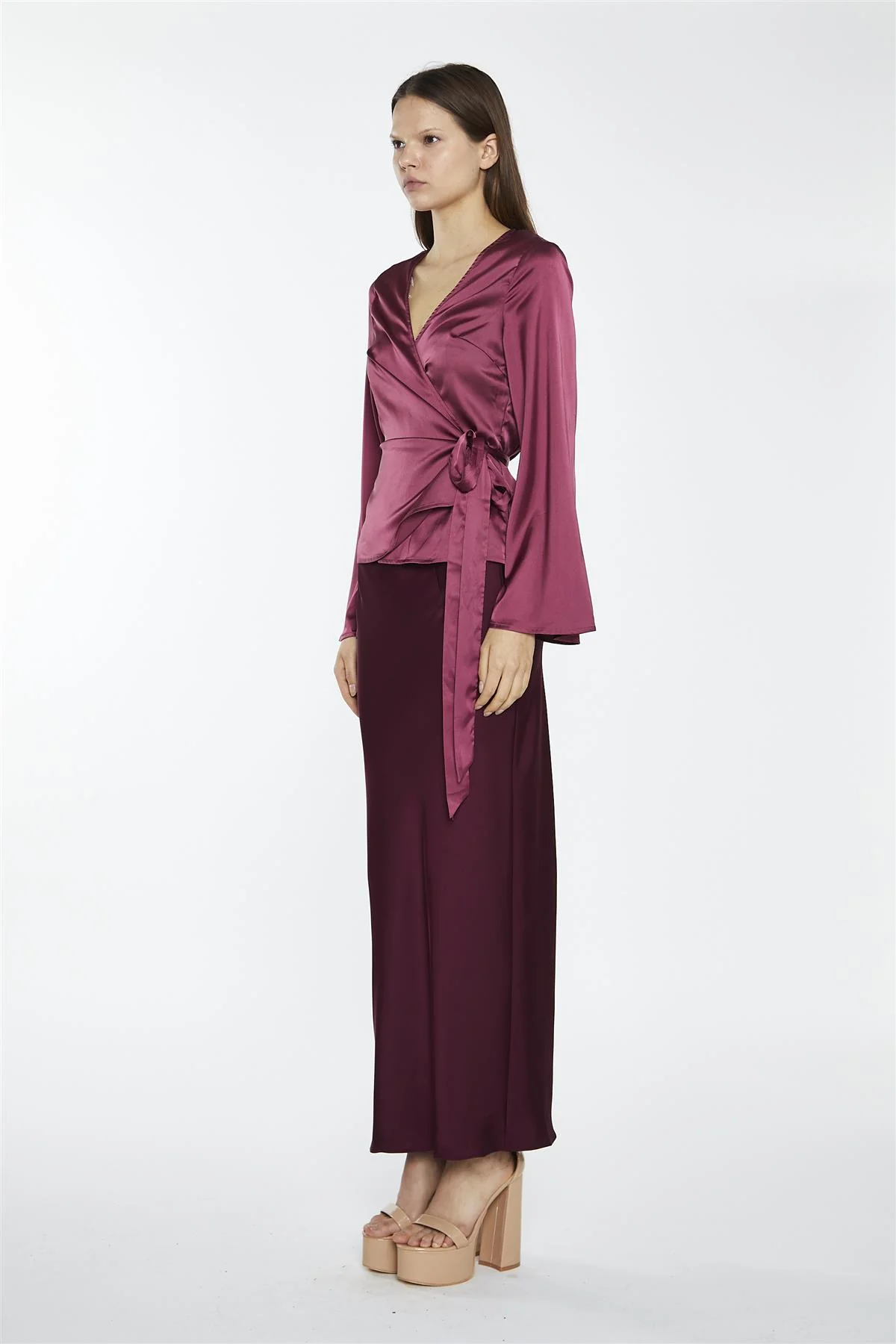 Dark-Raspberry Satin Fluted-Sleeve Wrap-Top - Image 4