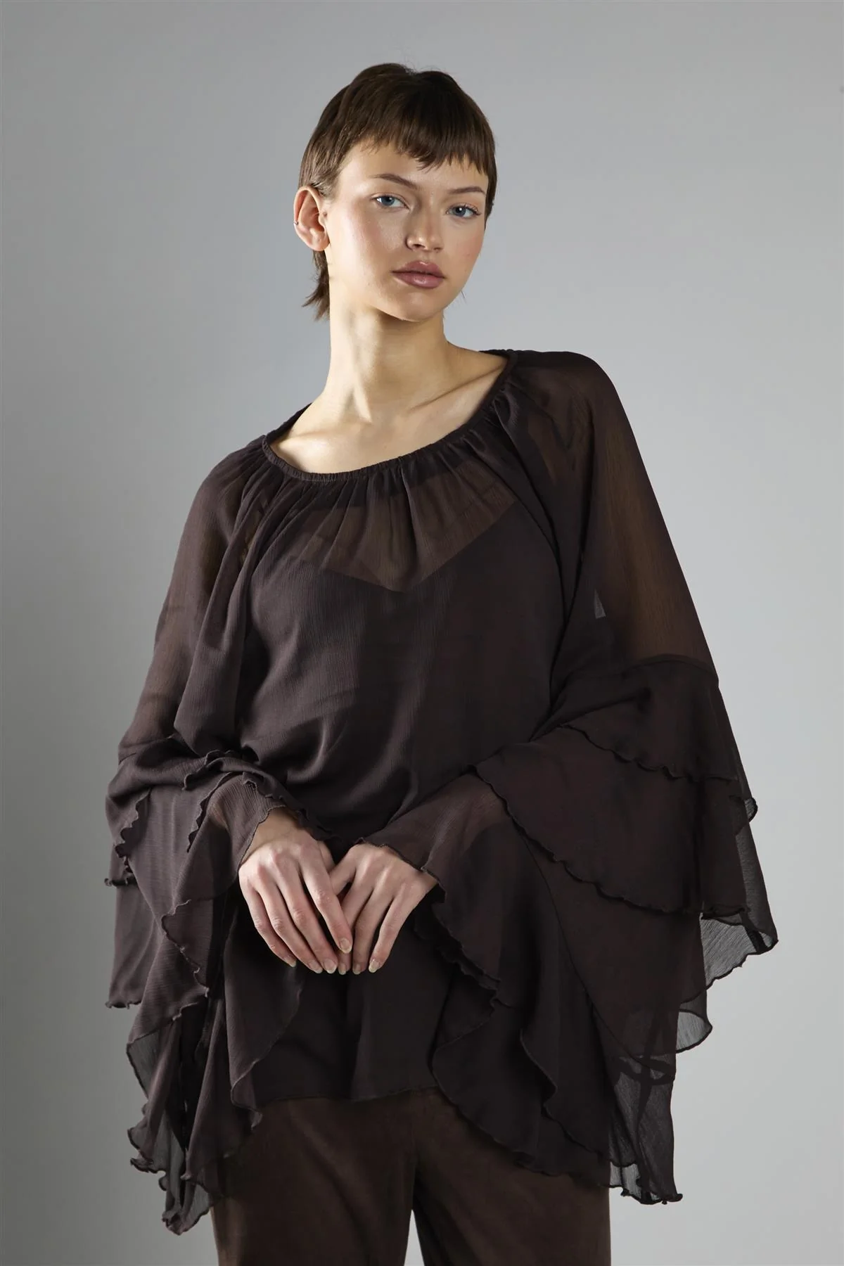 Deep Brown Multi Ruffle Long Sleeve Top - Image 3
