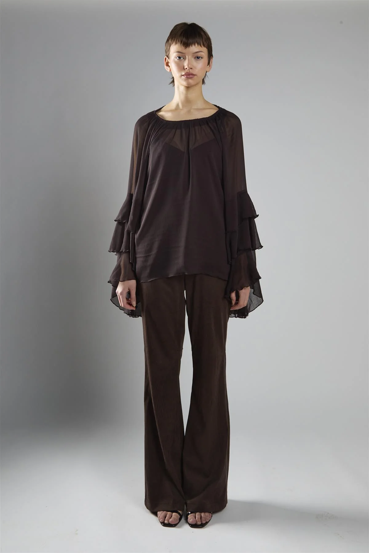 Deep Brown Multi Ruffle Long Sleeve Top - Image 5