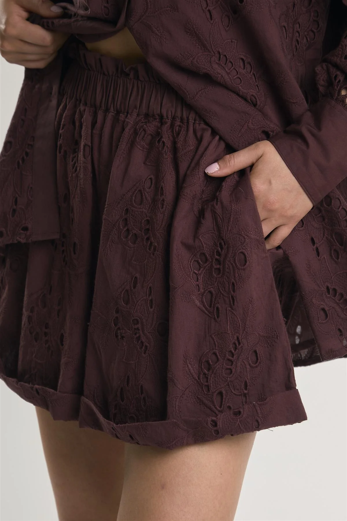 Deep Burgundy Cut Work Shorts - Image 2
