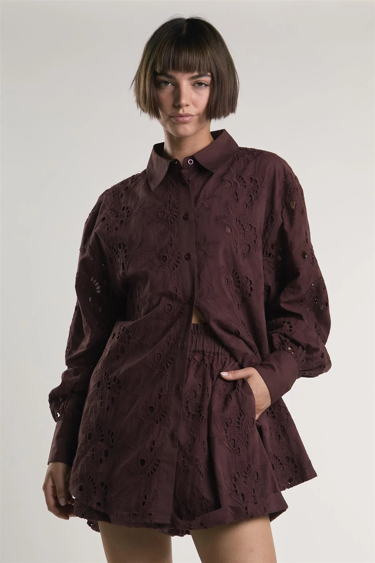 Deep Burgundy Cut Work Shorts - Image 3