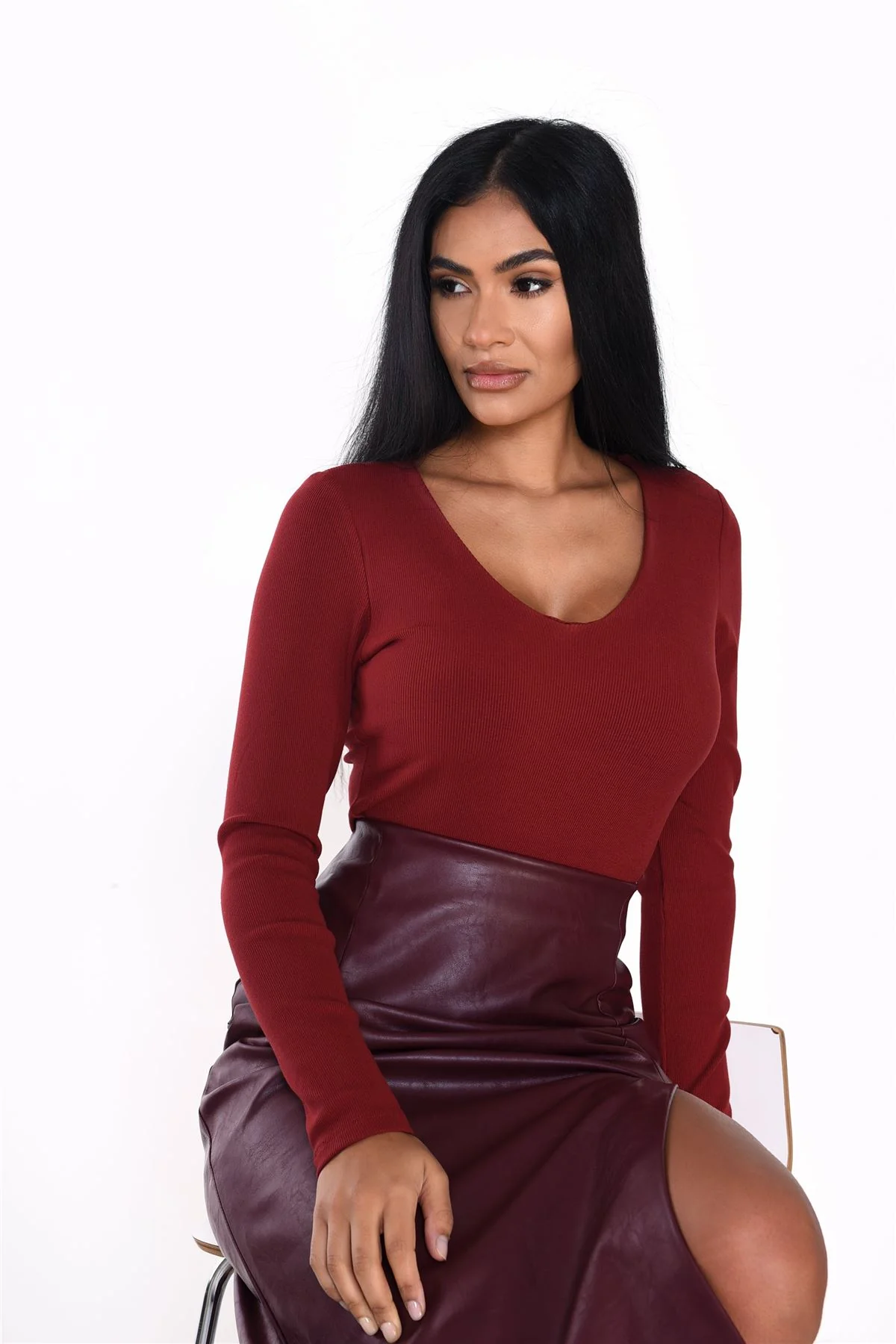 Deep Red Scoop Neck Long-Sleeve-Bodysuit - Image 3
