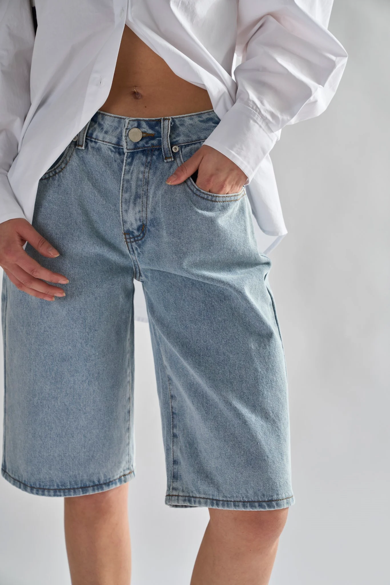 Dirty-Vintage Blue Denim Long -Shorts - Image 4