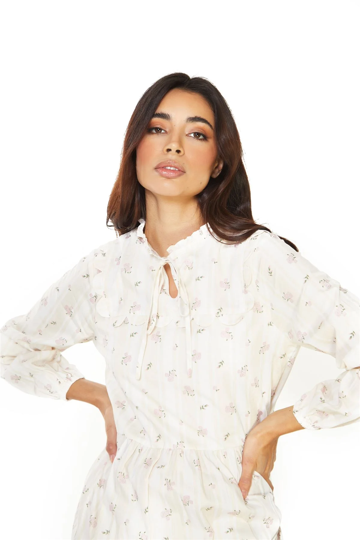 Ditsy Rose Stripe Long Sleeve Midi Dress - Image 2
