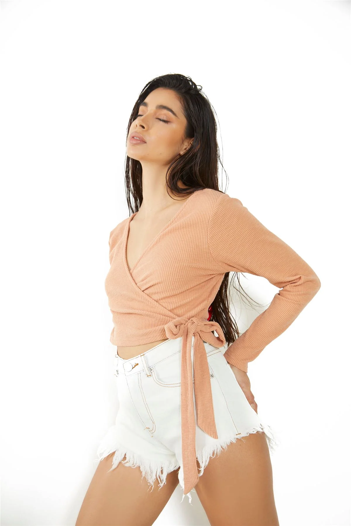 Dusty Orange Ribbed Wrap Crop Top - Image 2