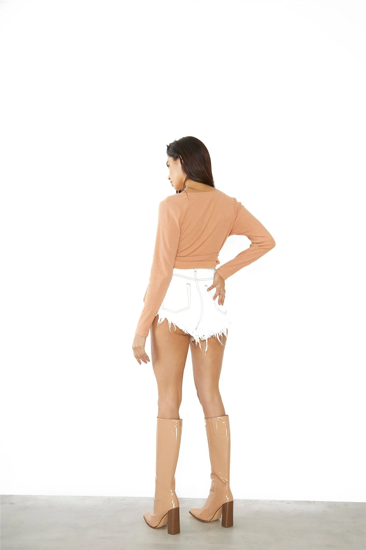 Dusty Orange Ribbed Wrap Crop Top - Image 3