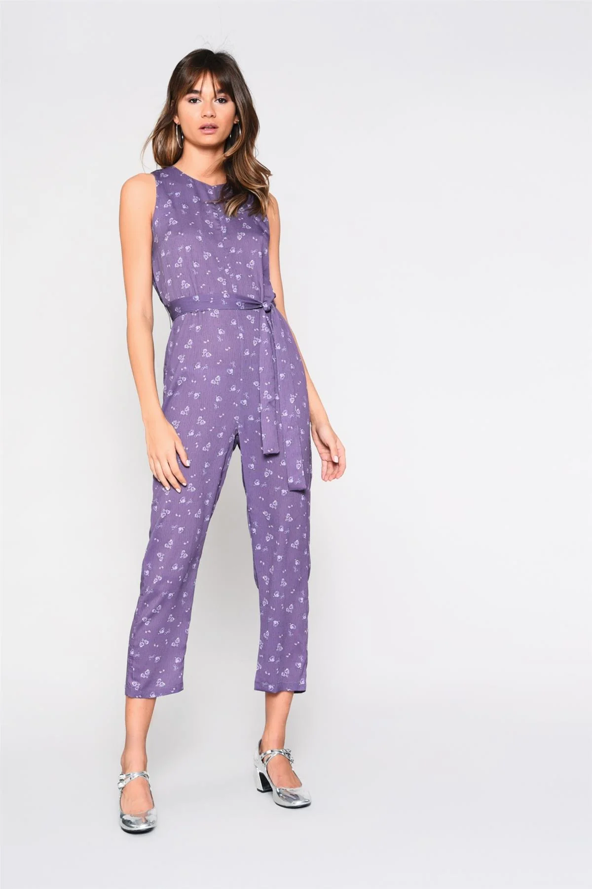 Dusty-Purple Floral Belted Jumpsuit - Image 3