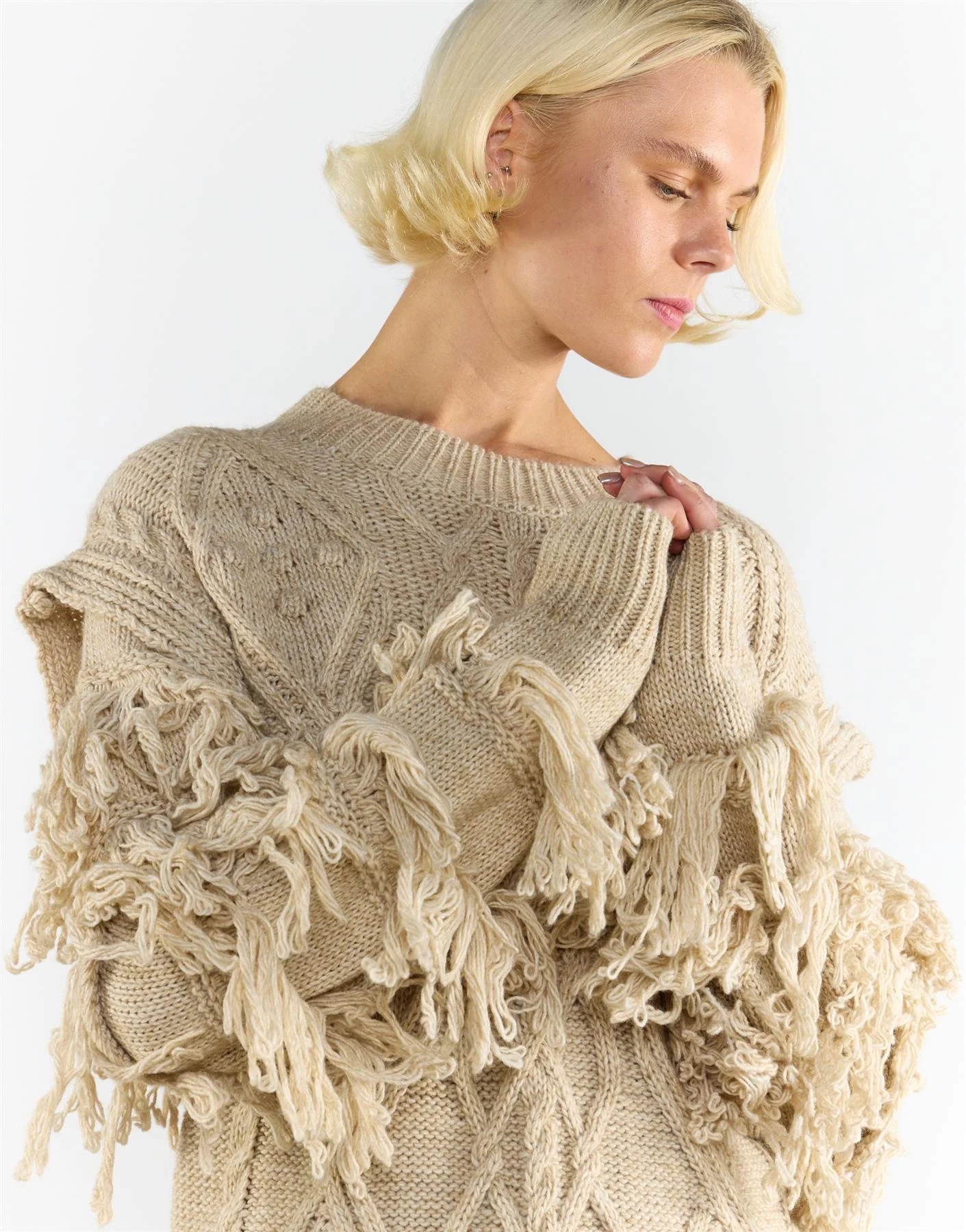 Ecru Marl Fringe Sleeve Cable Knit Jumper - Image 3