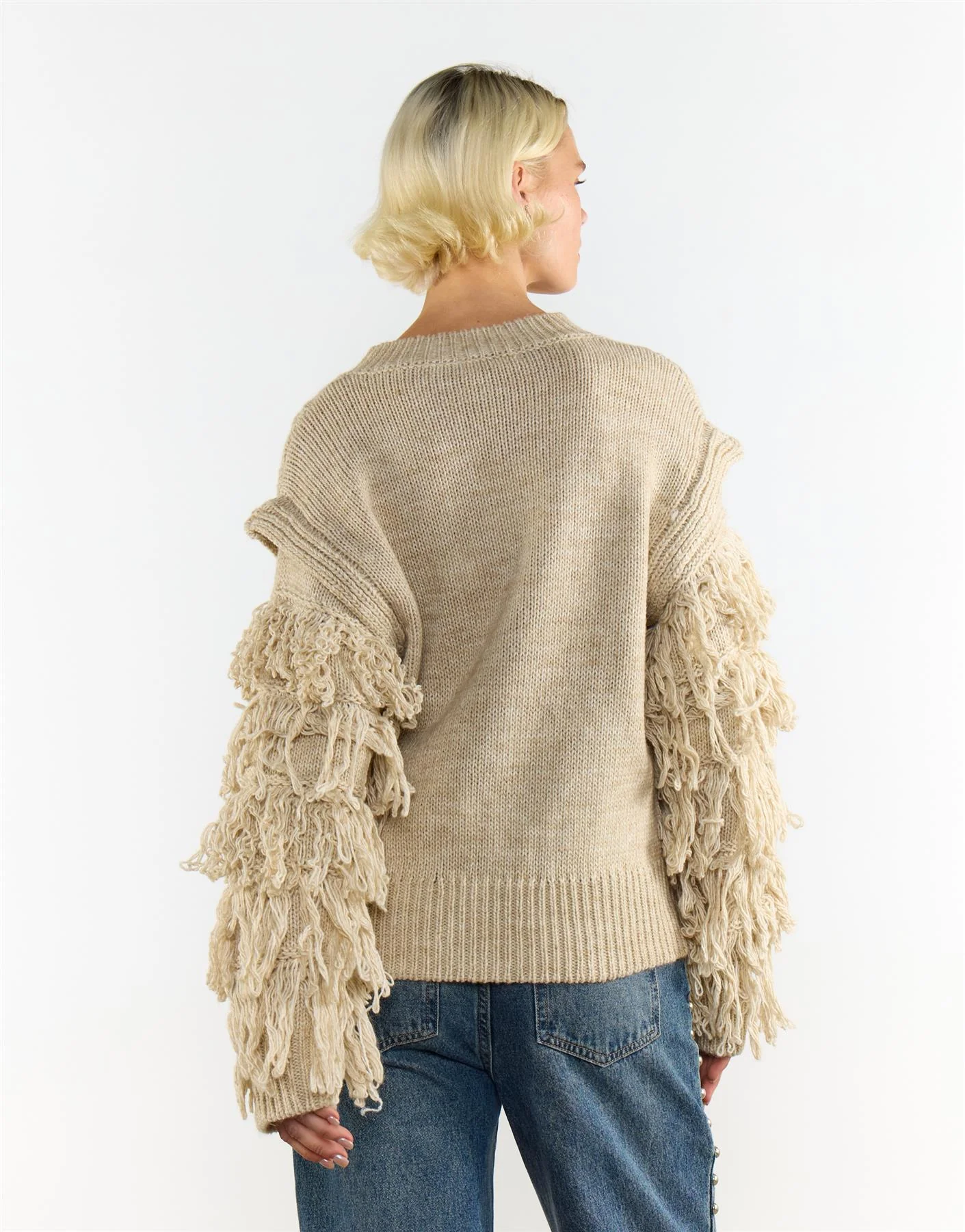 Ecru Marl Fringe Sleeve Cable Knit Jumper - Image 4