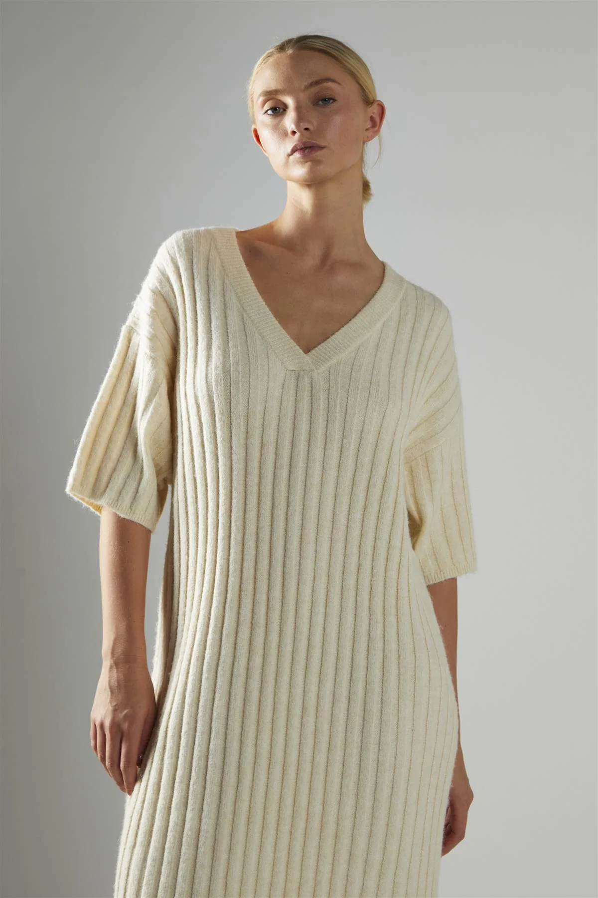 Ecru V-Neck-Knitted Midi-Dress - Image 3