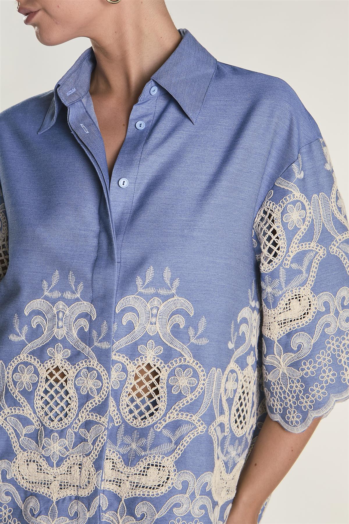 Embroidered Chambray Cropped Shirt - Image 3