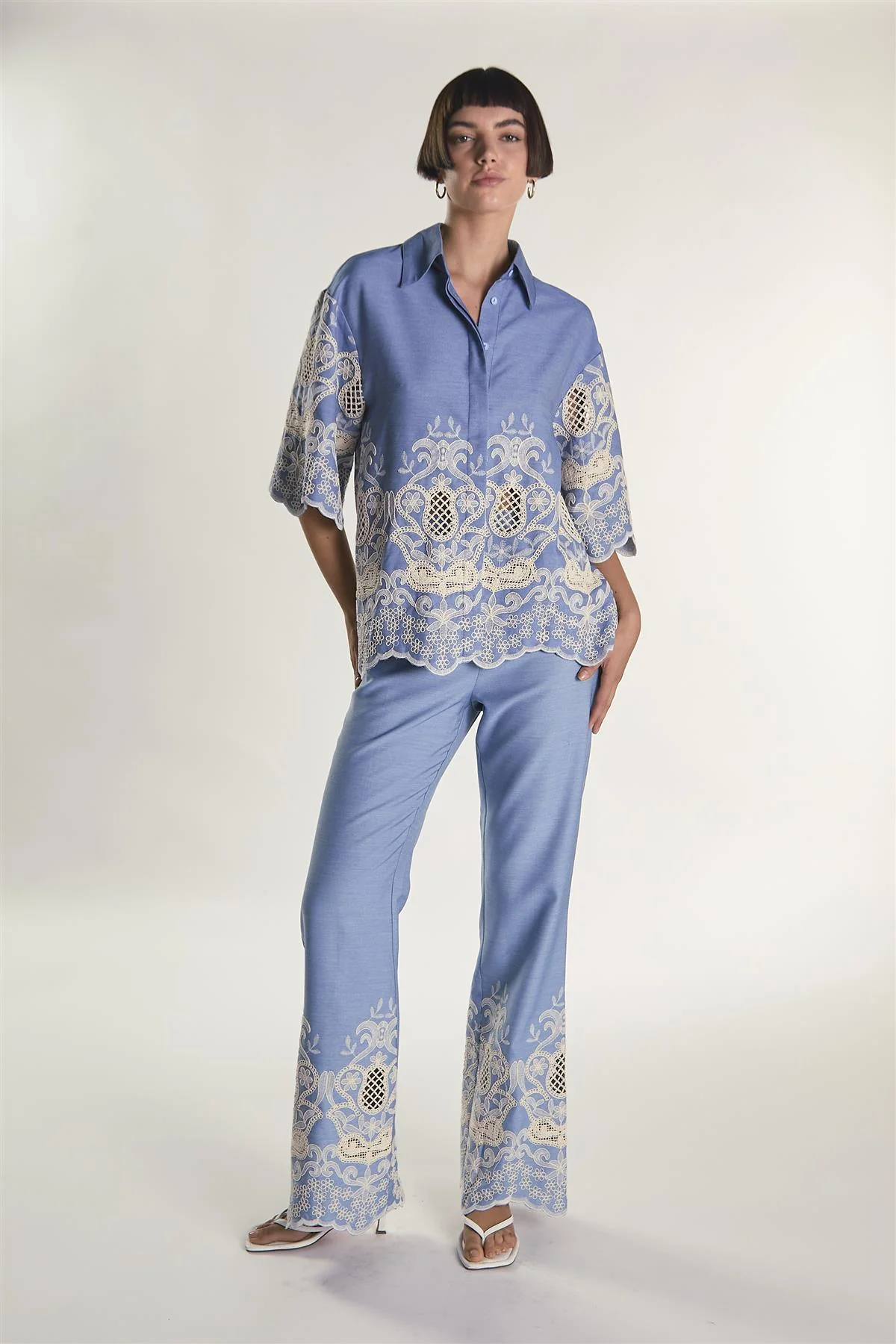 Embroidered Chambray High Waisted Flared Trousers