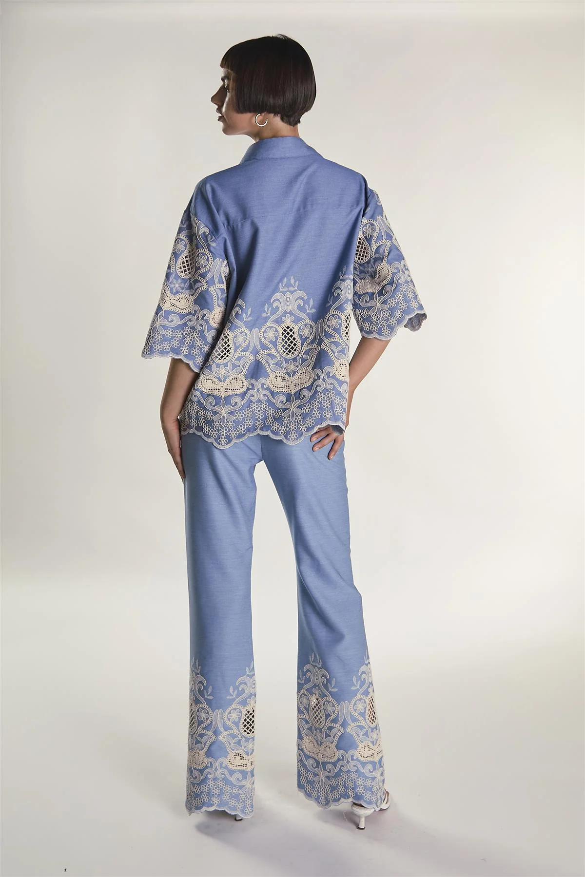 Embroidered Chambray High Waisted Flared Trousers - Image 2
