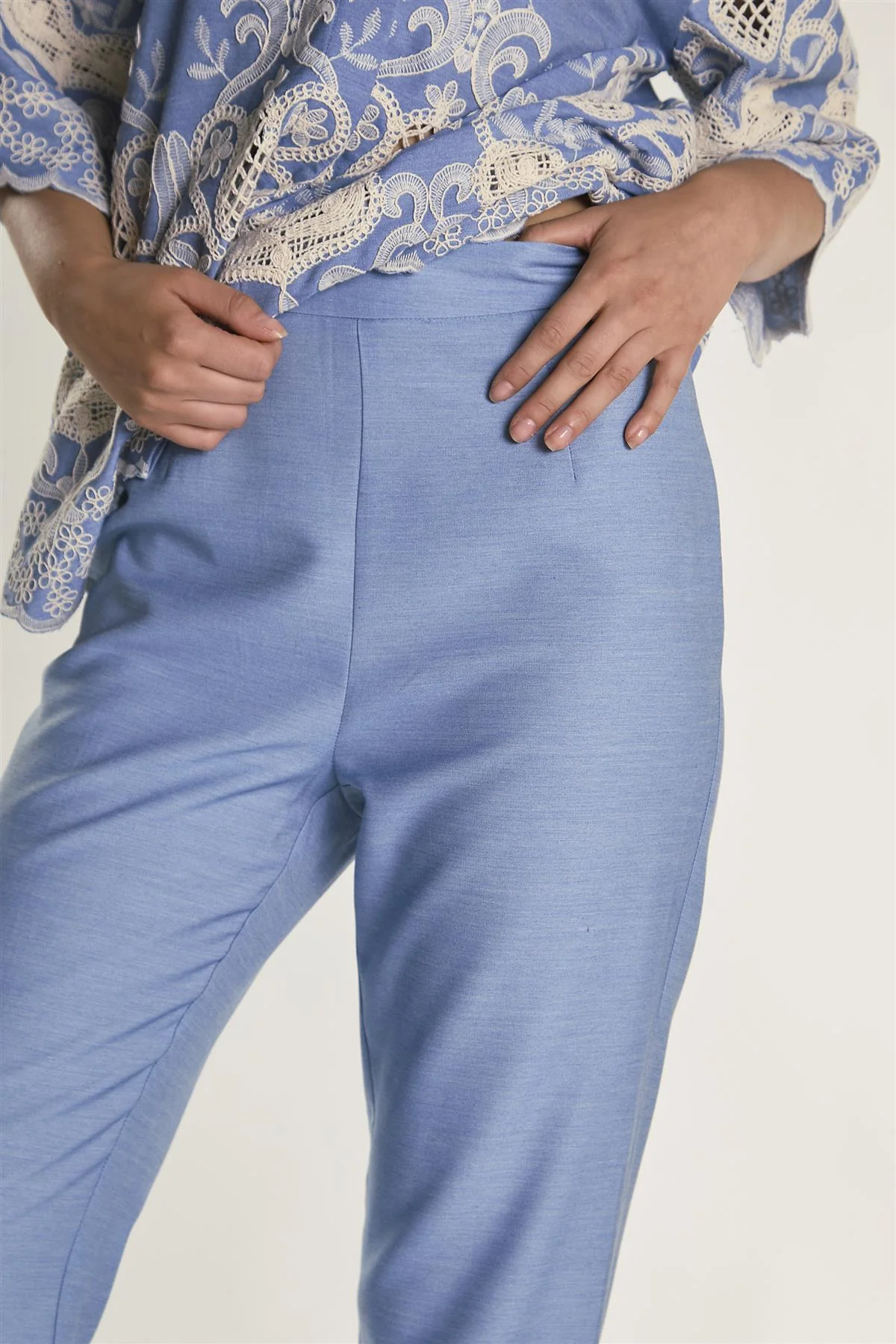 Embroidered Chambray High Waisted Flared Trousers - Image 3