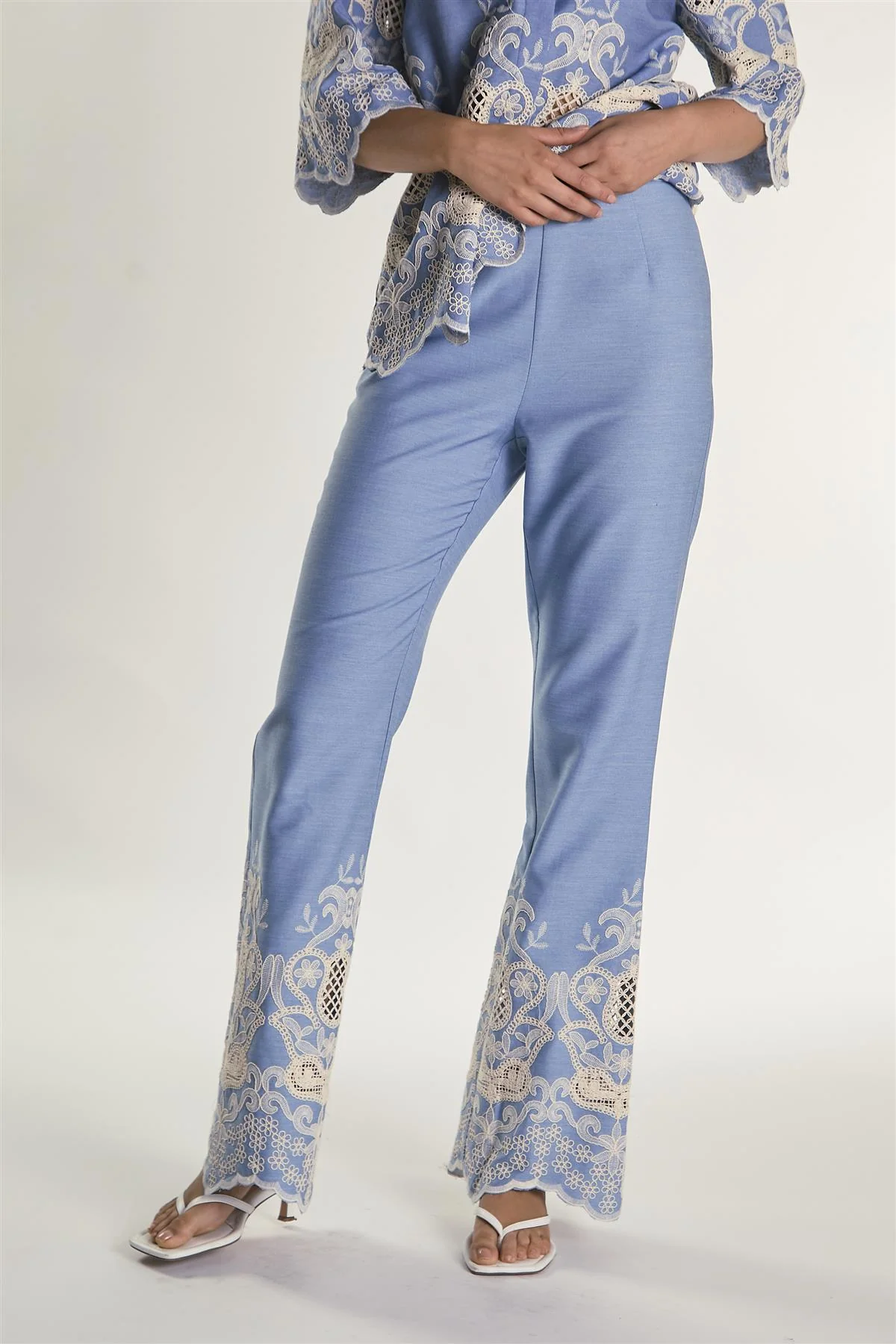 Embroidered Chambray High Waisted Flared Trousers - Image 4