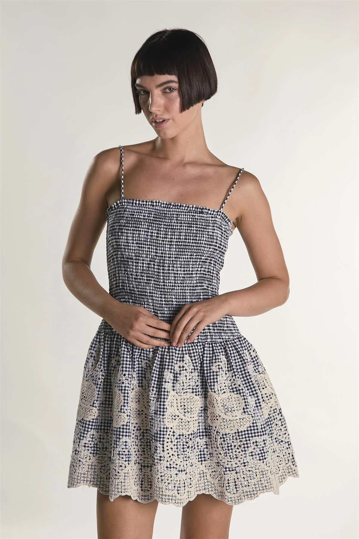Embroidered Gingham Square Neck Ruched Mini Dress