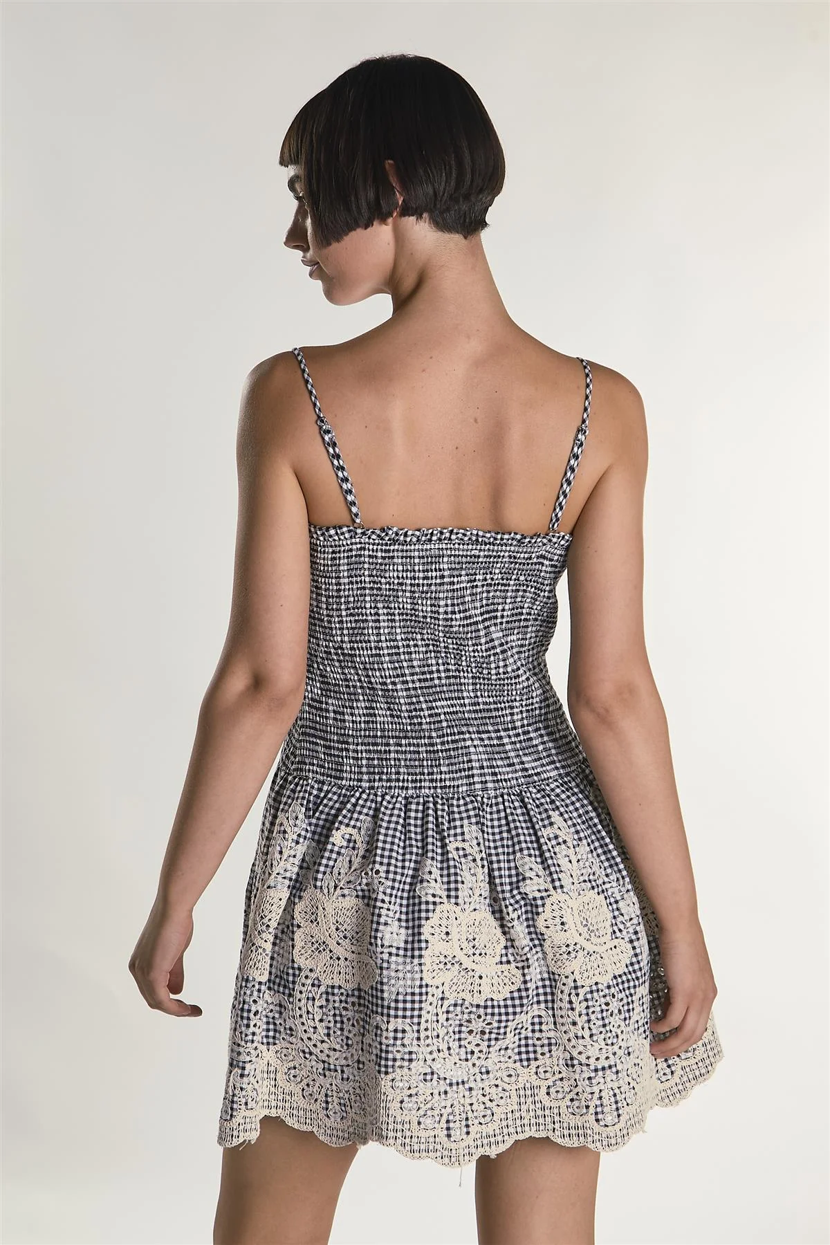 Embroidered Gingham Square Neck Ruched Mini Dress - Image 2