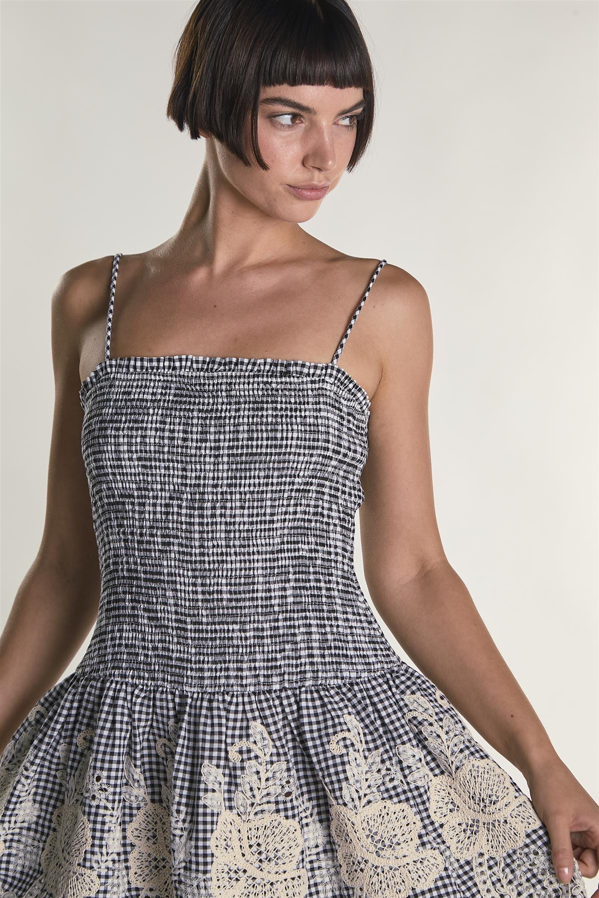 Embroidered Gingham Square Neck Ruched Mini Dress - Image 3