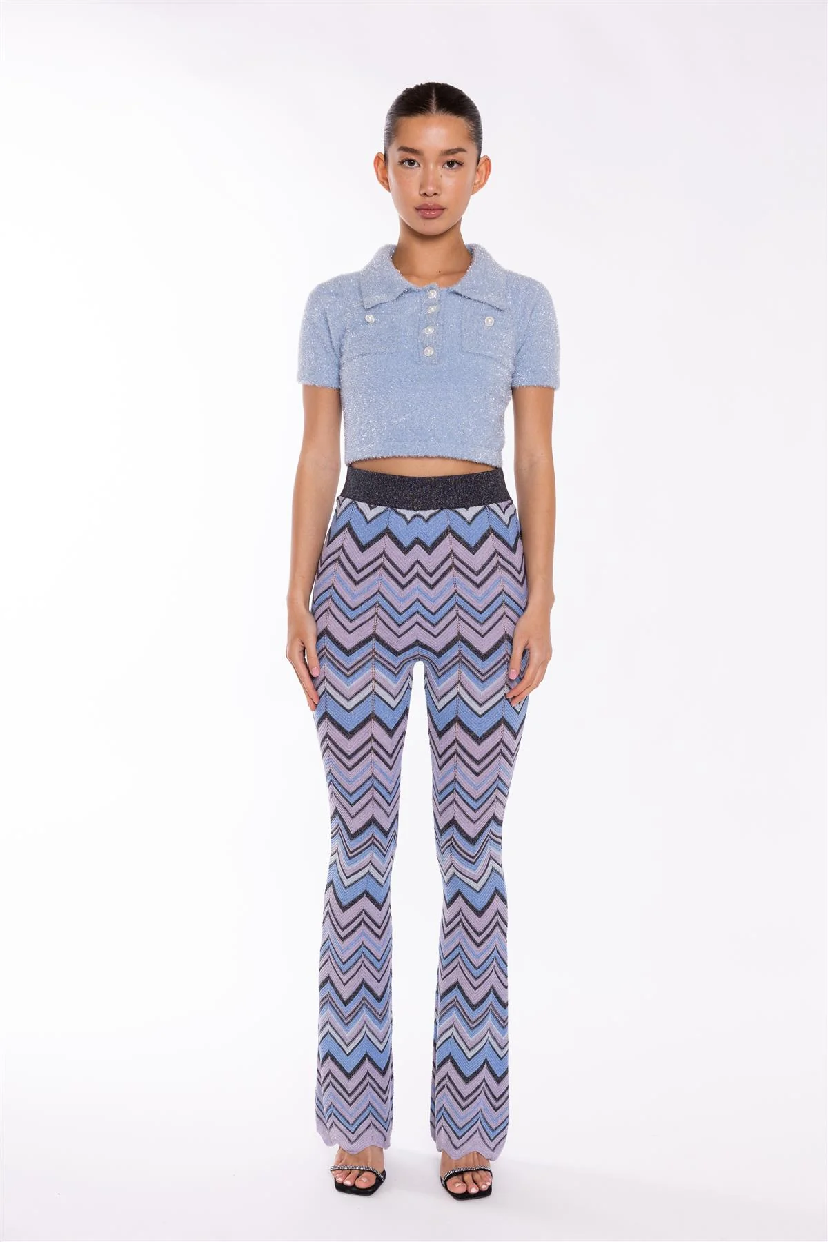Flared Long Trousers - Lilac Blue Chevron - Image 3