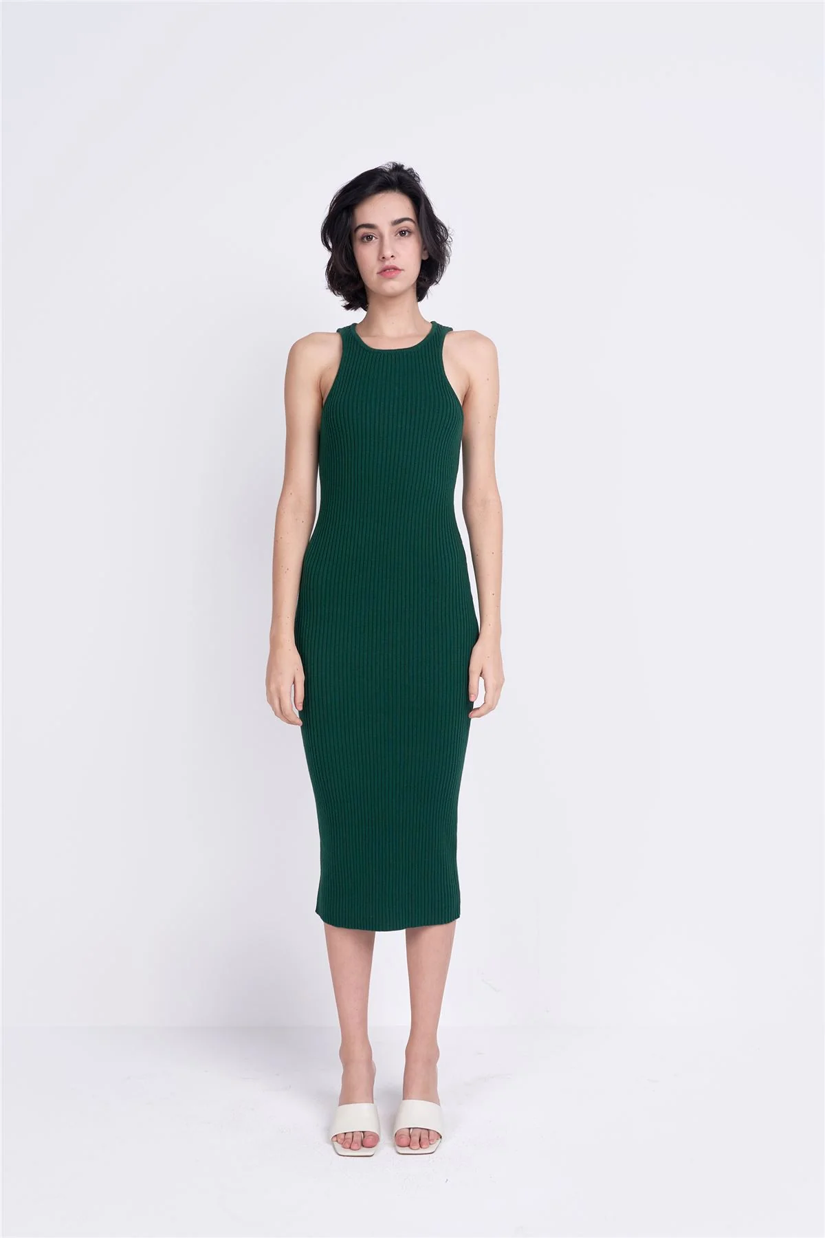 Forest-Green Round-Neck Midi-Dresses