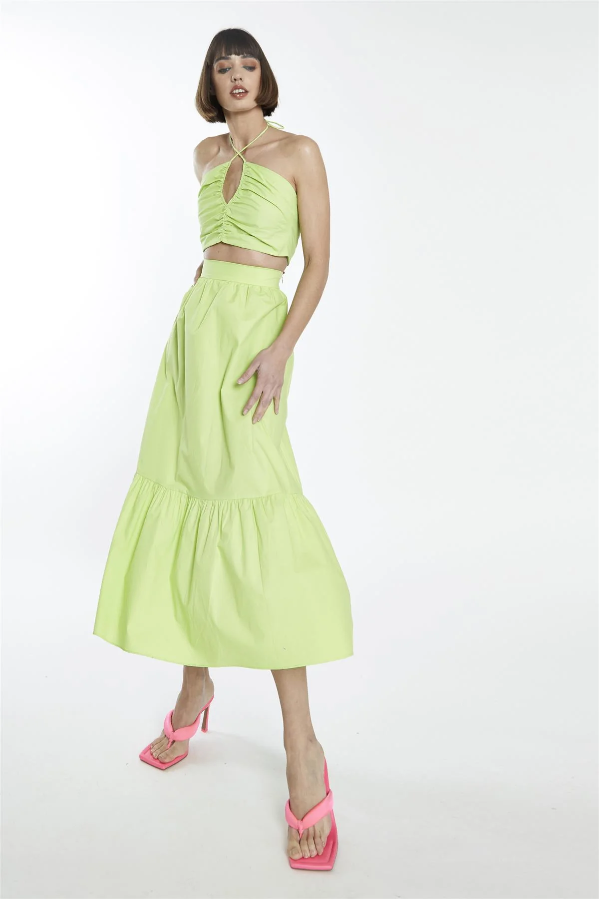Fresh-Green Yoke-Waist Midi-Skirt - Image 4