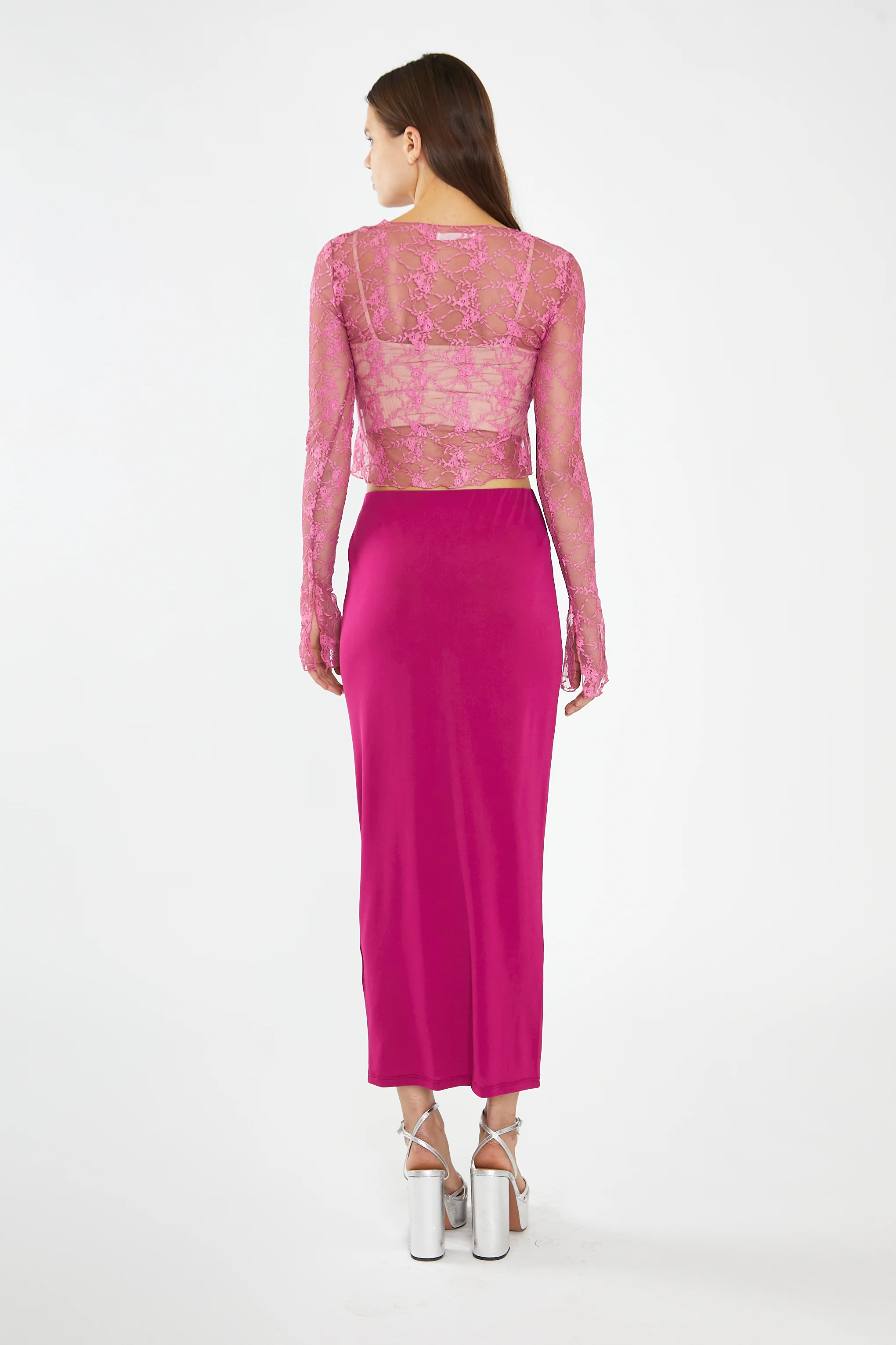 Fuchsia Lace Tie-Front Flare-Sleeve Top - Image 3