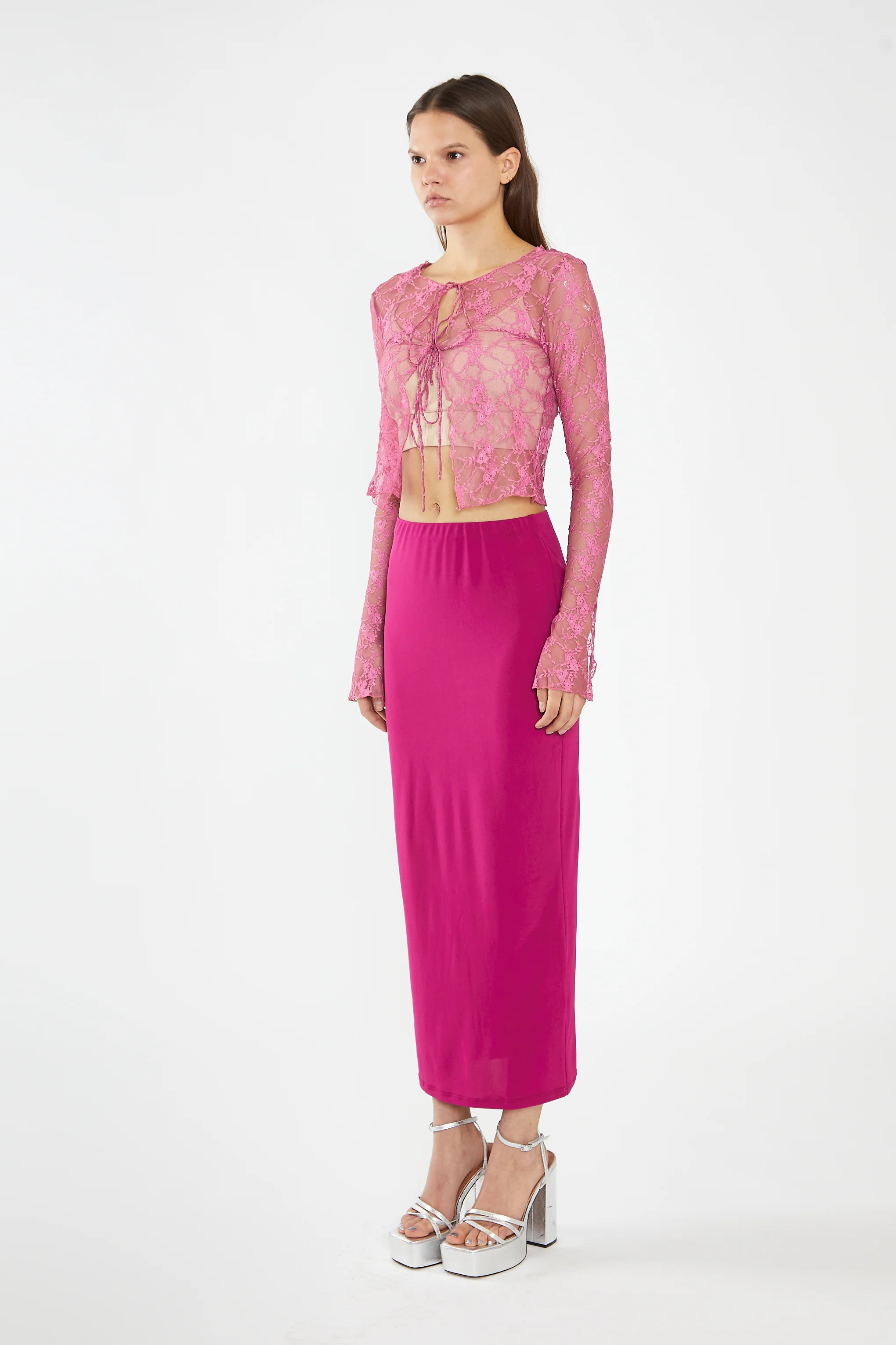 Fuchsia Lace Tie-Front Flare-Sleeve Top - Image 4