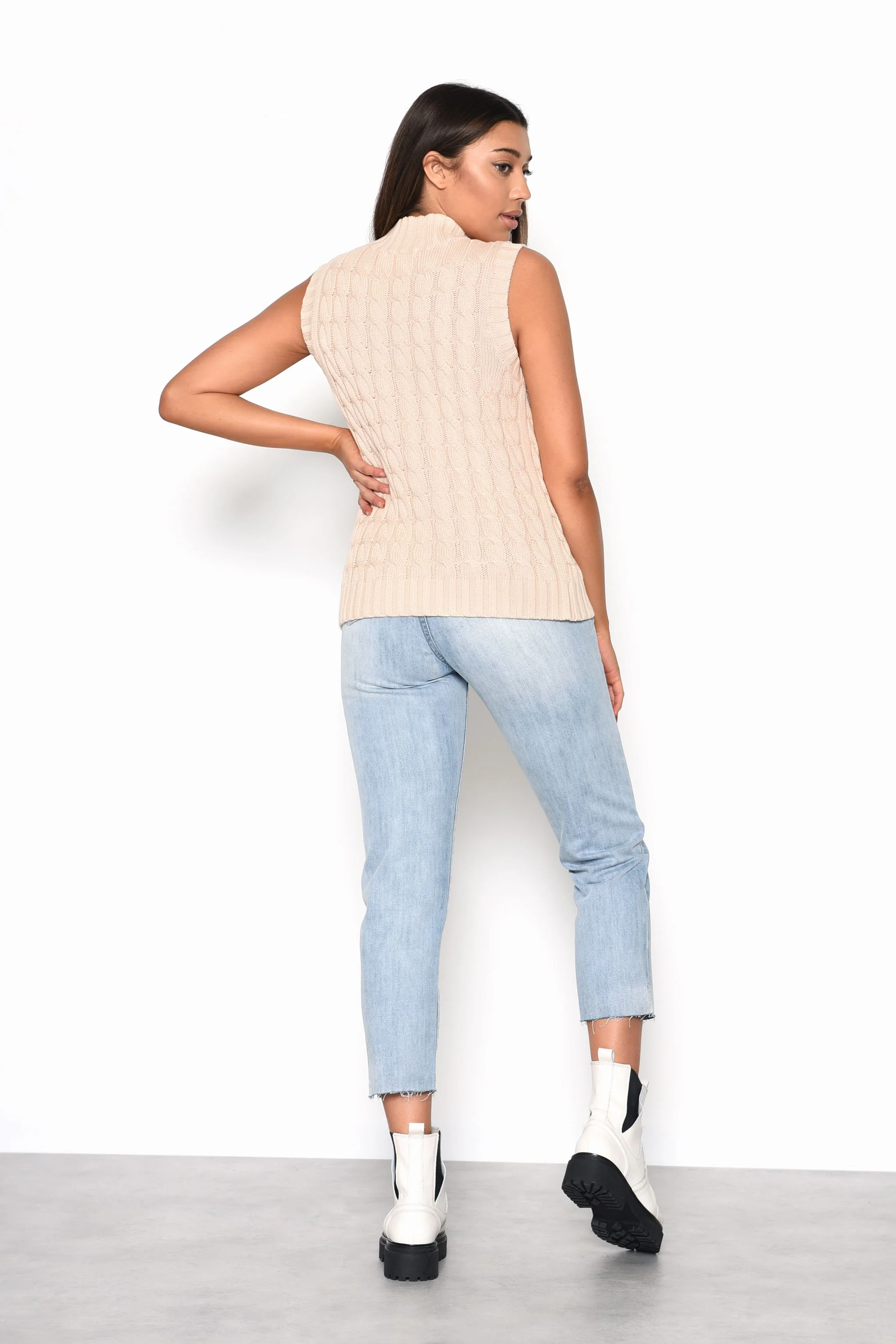 Glamorous Beige High Neck Ribbed Top - Image 3