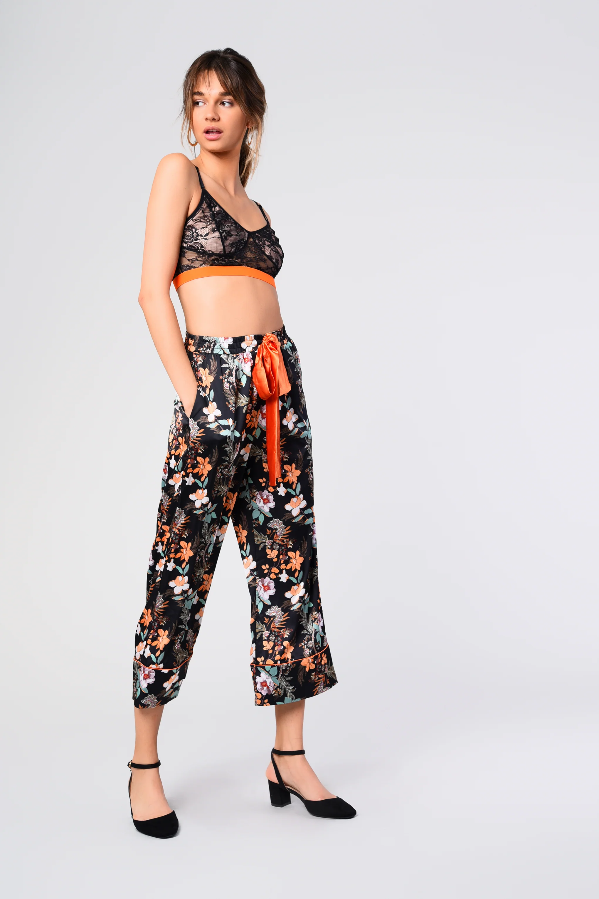 Glamorous Black Orange Floral Relaxed 3/4 Length Trousers