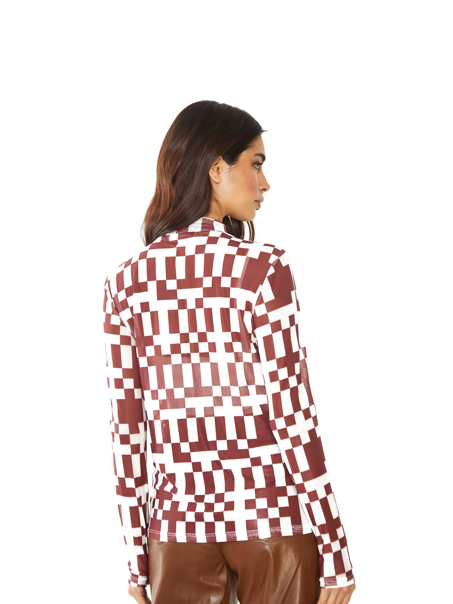 Glamorous Burgundy Mesh Check Geo Pattern Long Sleeve High Neck Top - Image 2