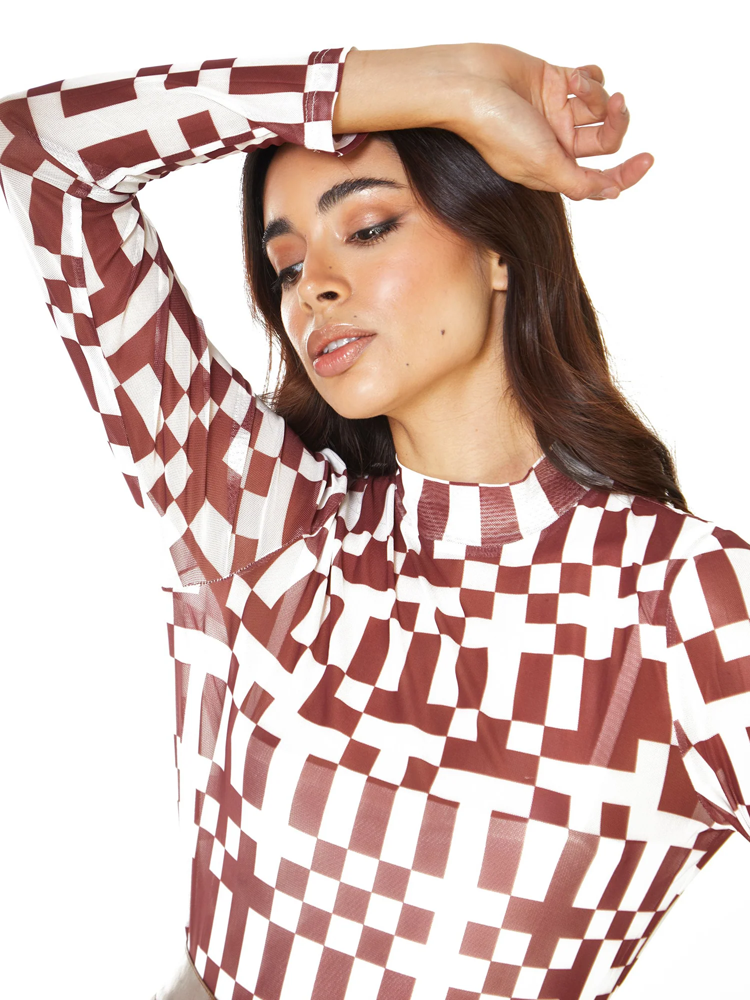 Glamorous Burgundy Mesh Check Geo Pattern Long Sleeve High Neck Top - Image 3