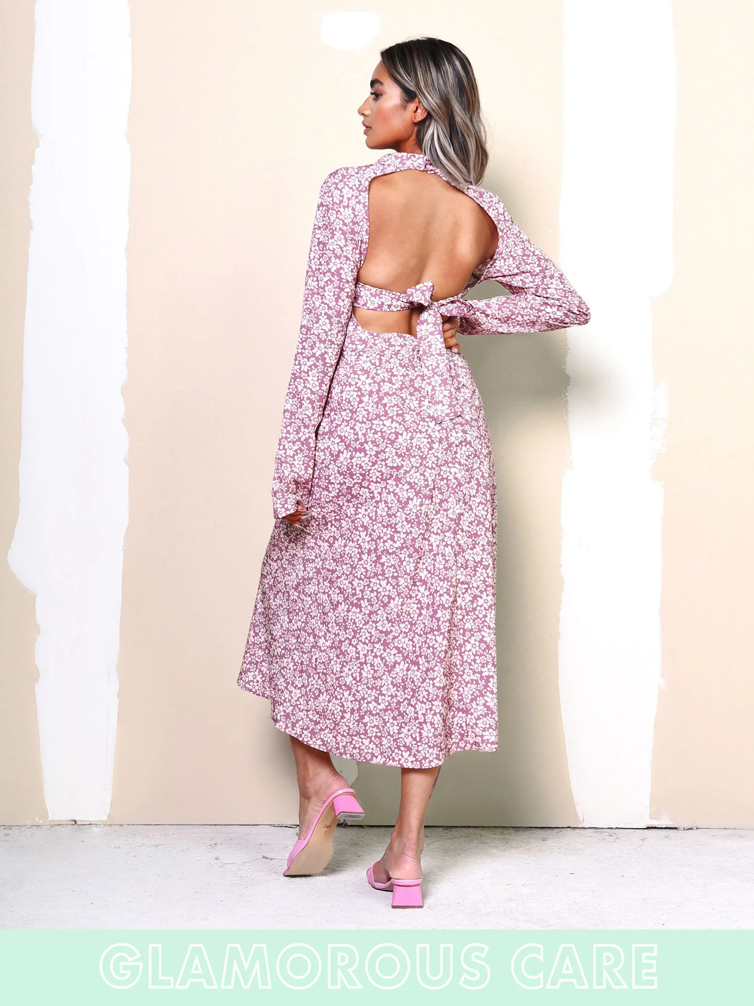 Glamorous Care Blush Floral Ditsy Open Back Detail Midi Dress - Image 2