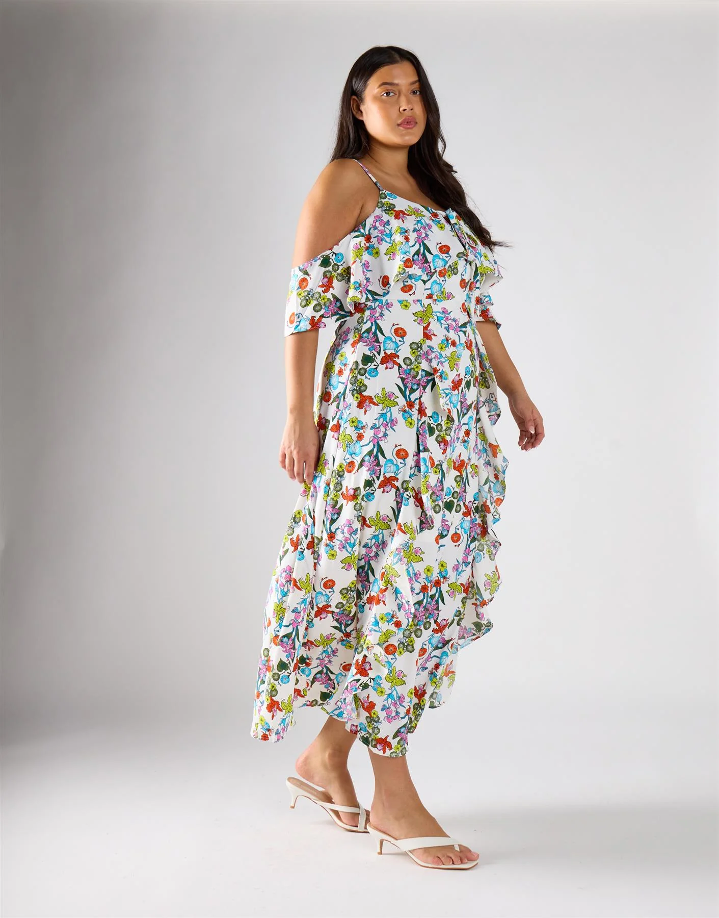 Glamorous Curve Bardot Multi Floral Strap Ruffle Dress