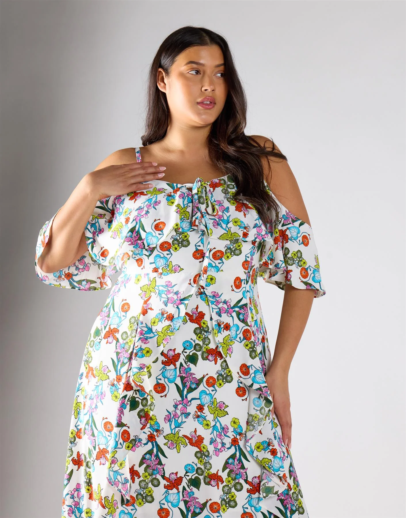 Glamorous Curve Bardot Multi Floral Strap Ruffle Dress - Image 2