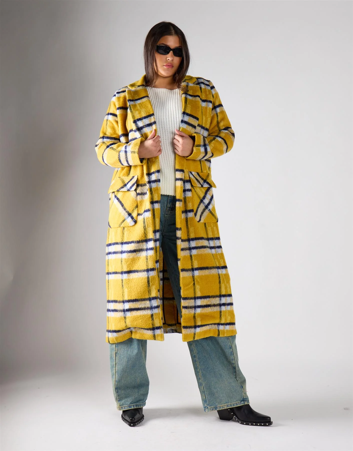 Glamorous Curve Yellow Check Open-Front Coat - Image 2
