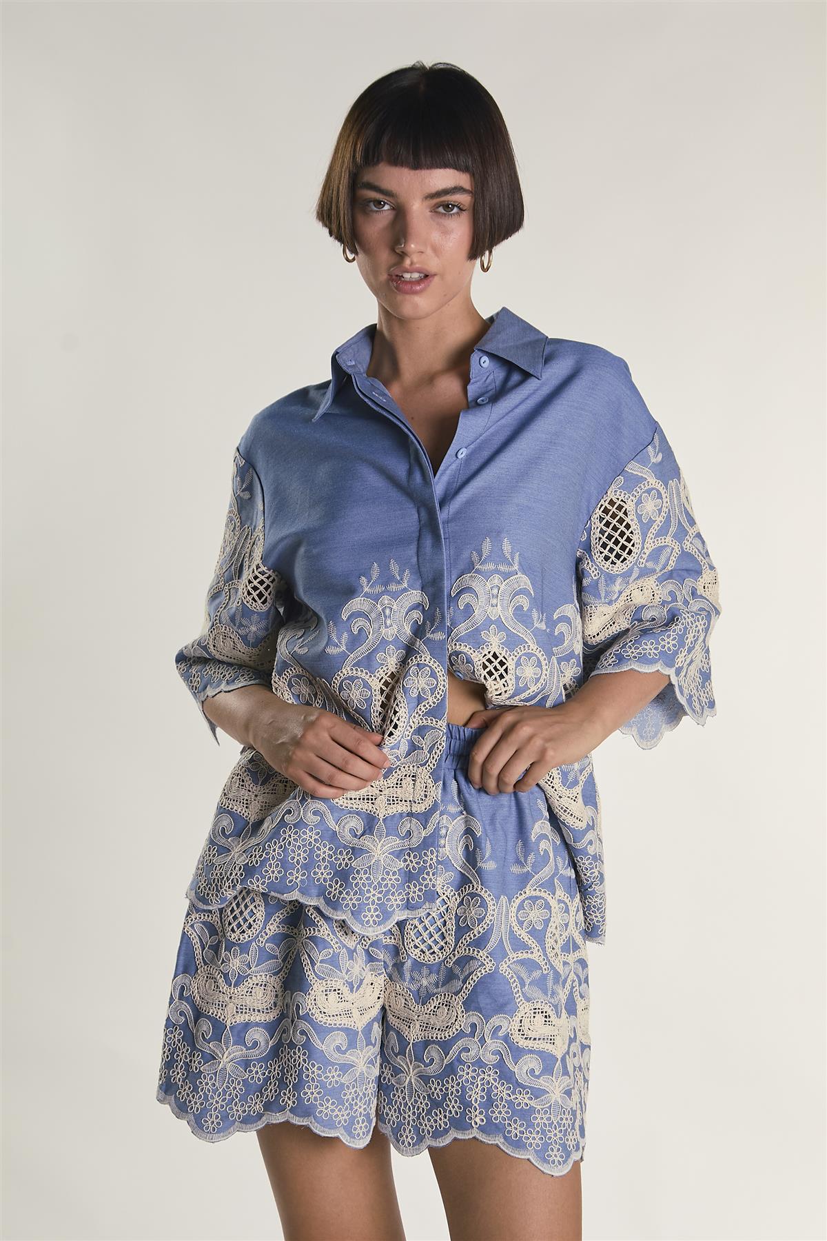 Embroidered Chambray High Rise Lined Shorts - Image 2