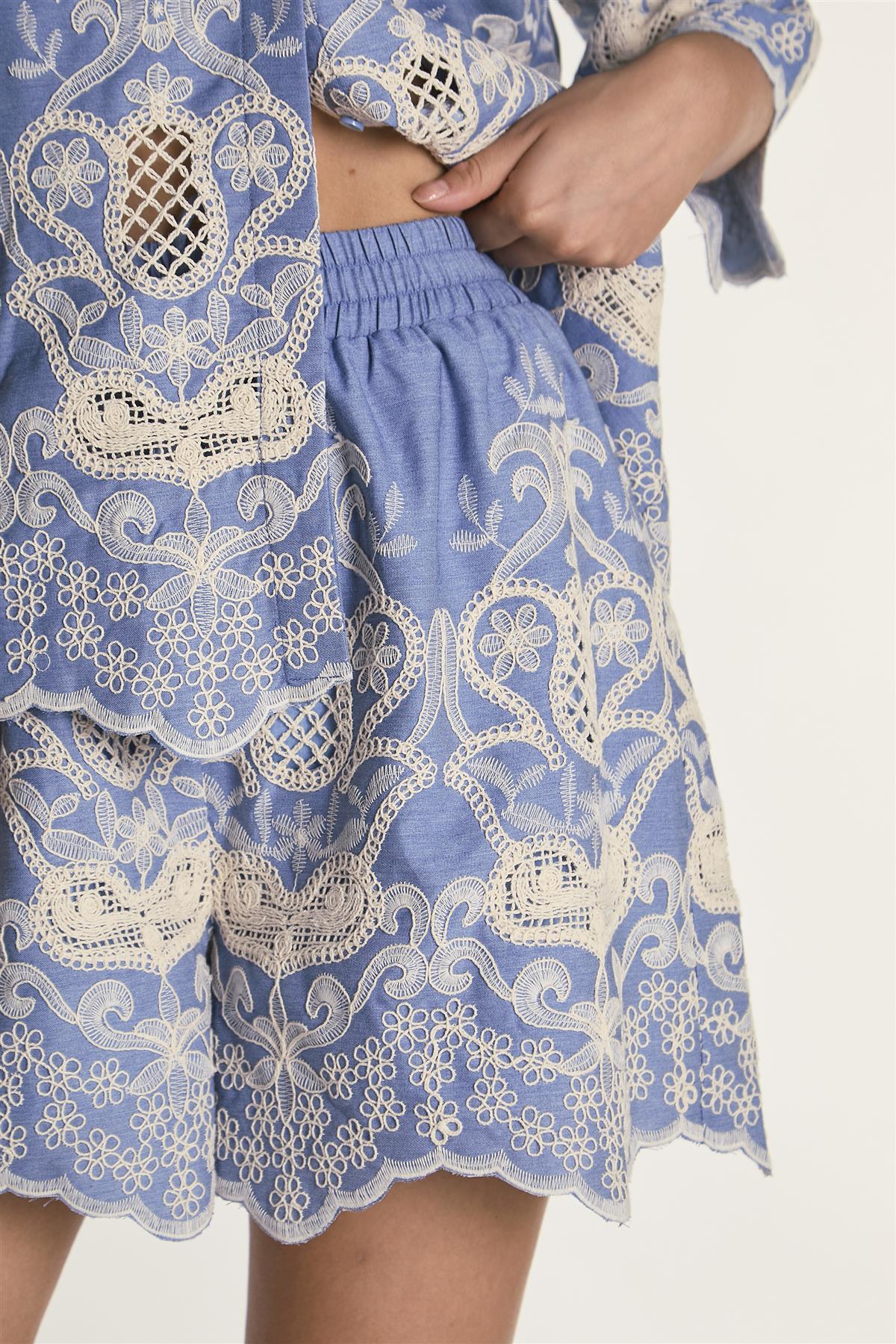 Embroidered Chambray High Rise Lined Shorts - Image 3