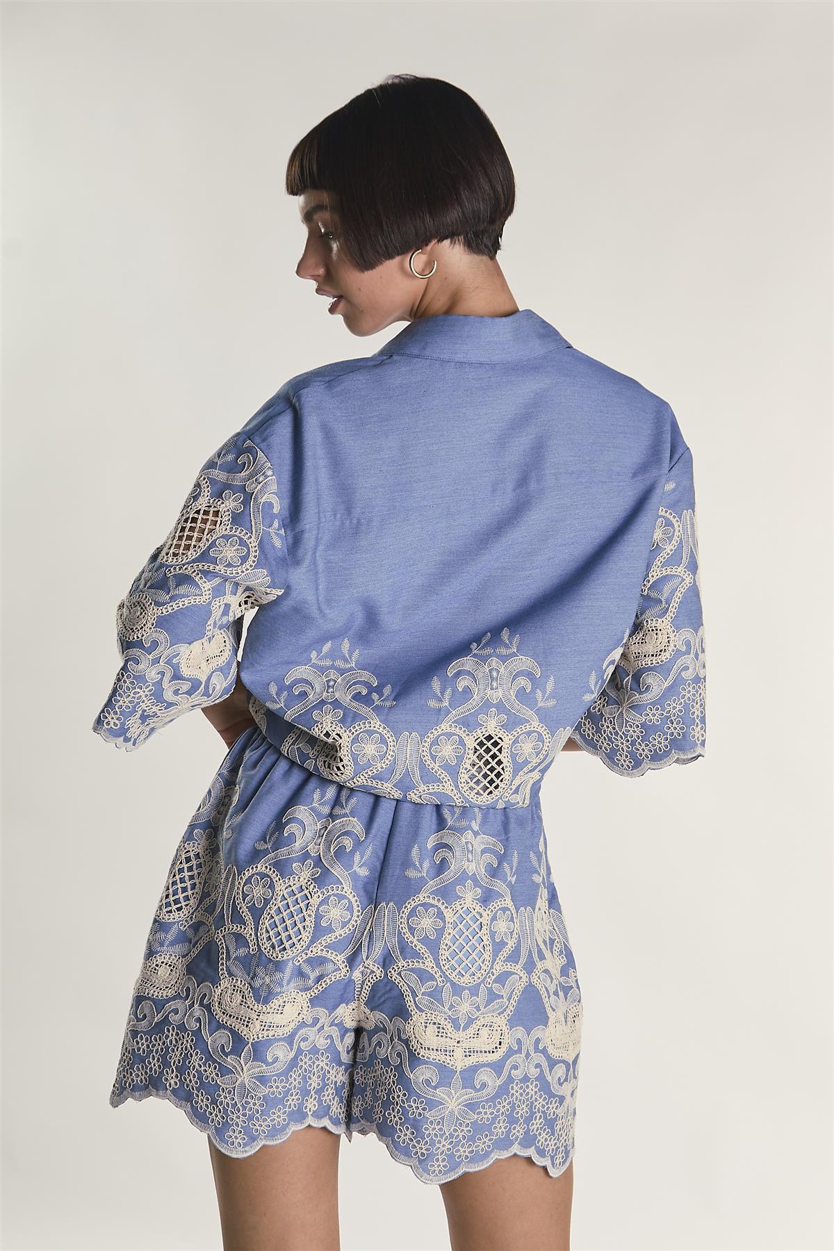 Embroidered Chambray High Rise Lined Shorts - Image 4