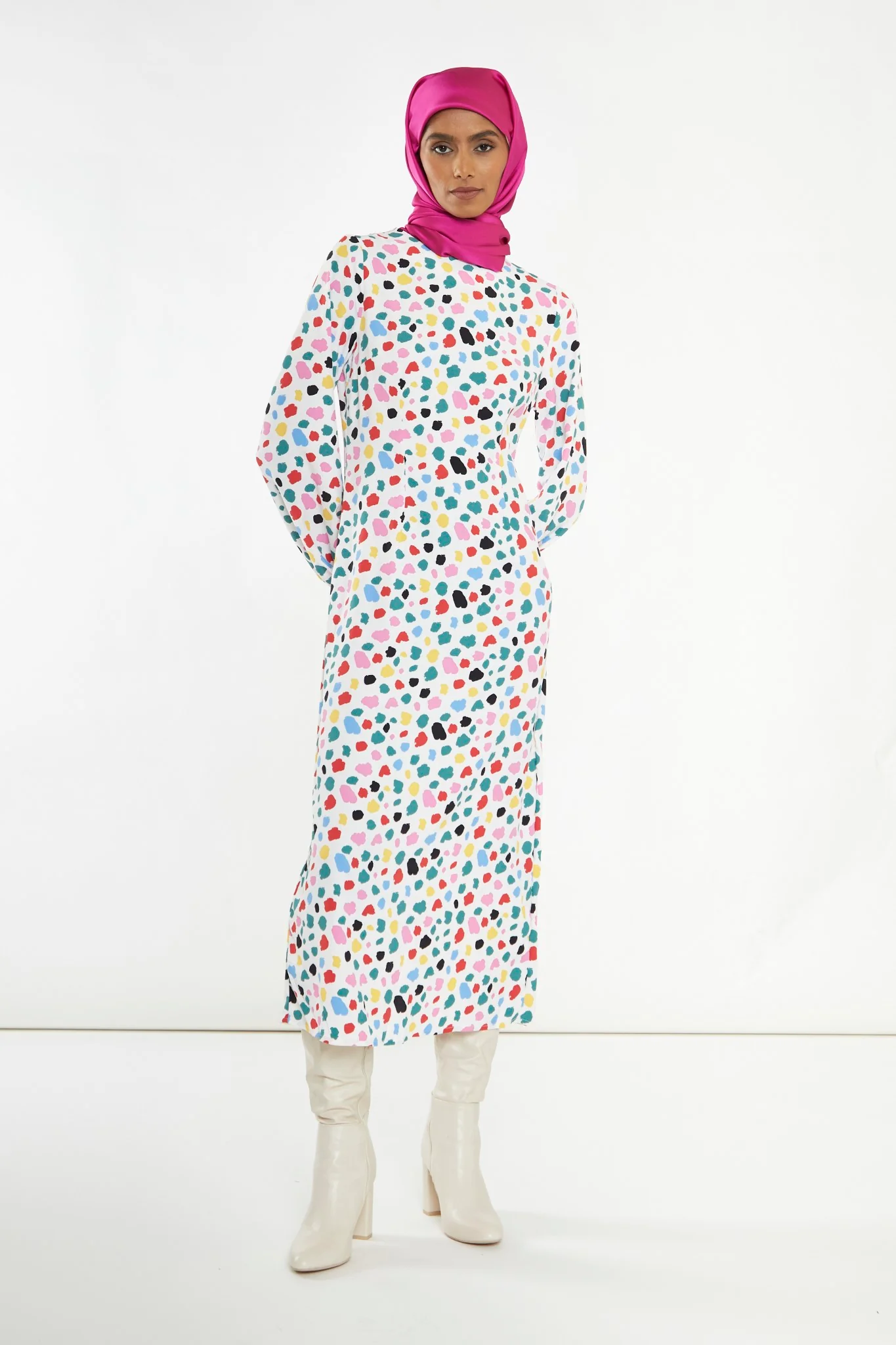 Abstract Spot Long-Sleeve Midi-Dress