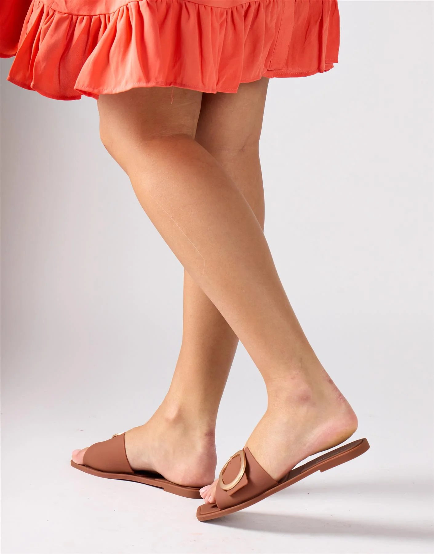 Gold Buckle Square Toe Sandals - Brown - Image 3