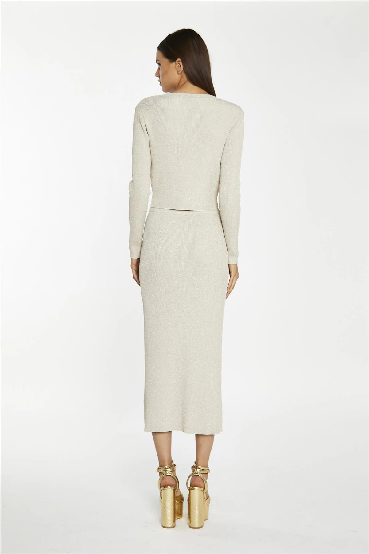 Gold Glitter Knit Midi Pencil Skirt - Image 3