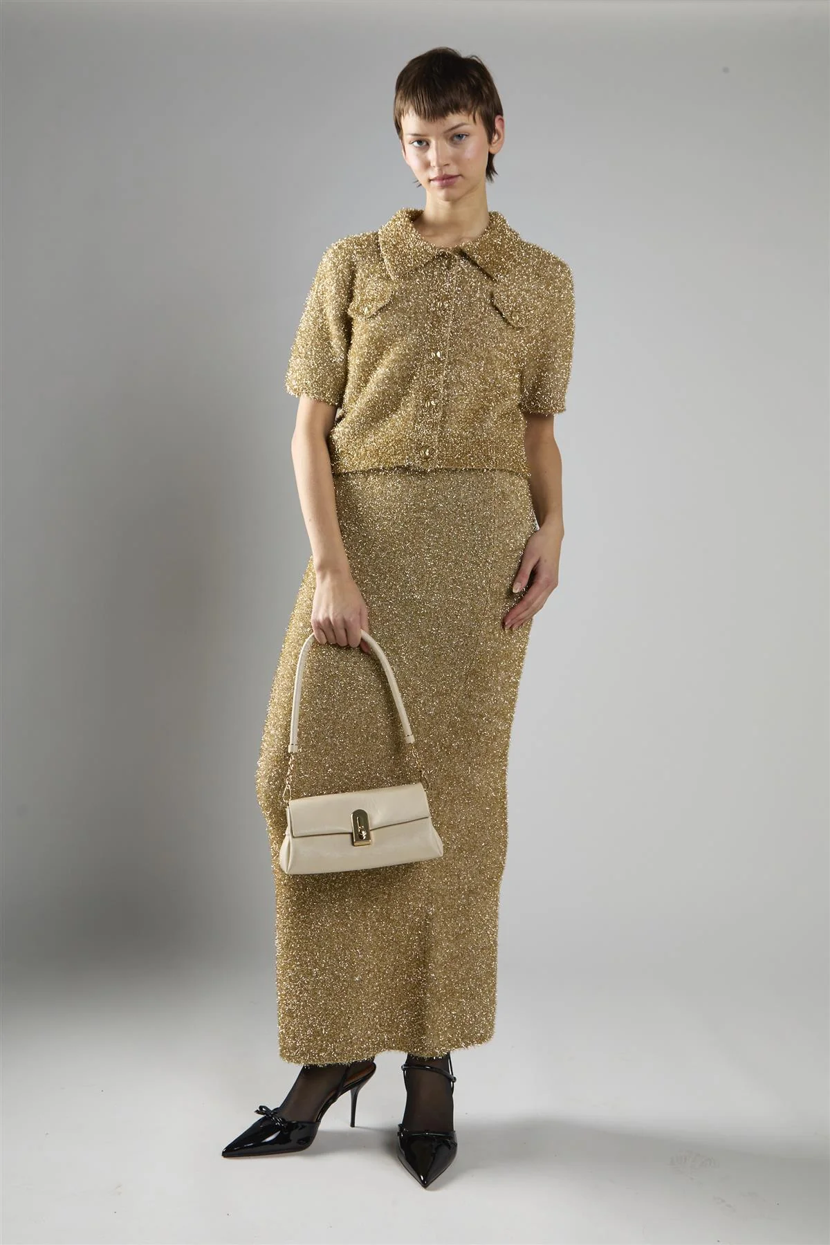 Gold Tinsel Button-Front Collar Short Sleeve Top - Image 5