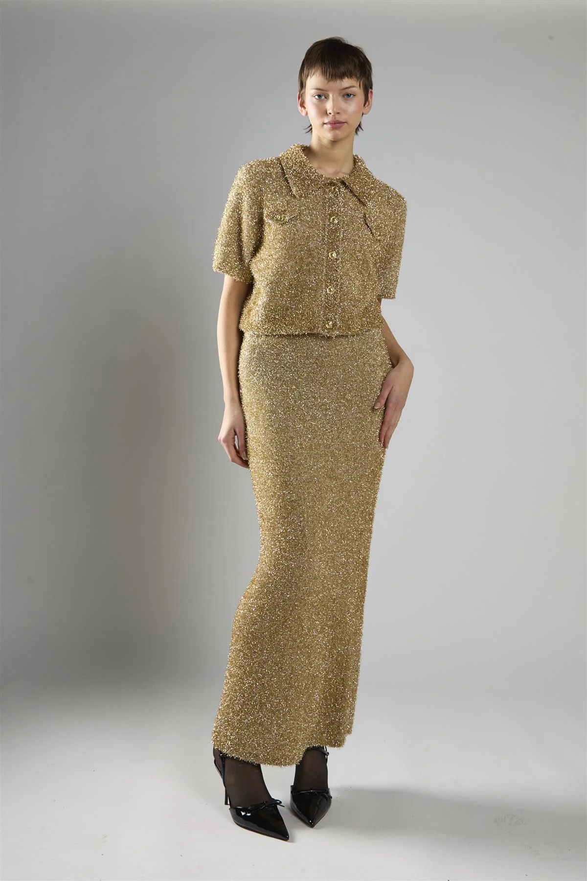 Gold Tinsel High Waisted Maxi Skirt