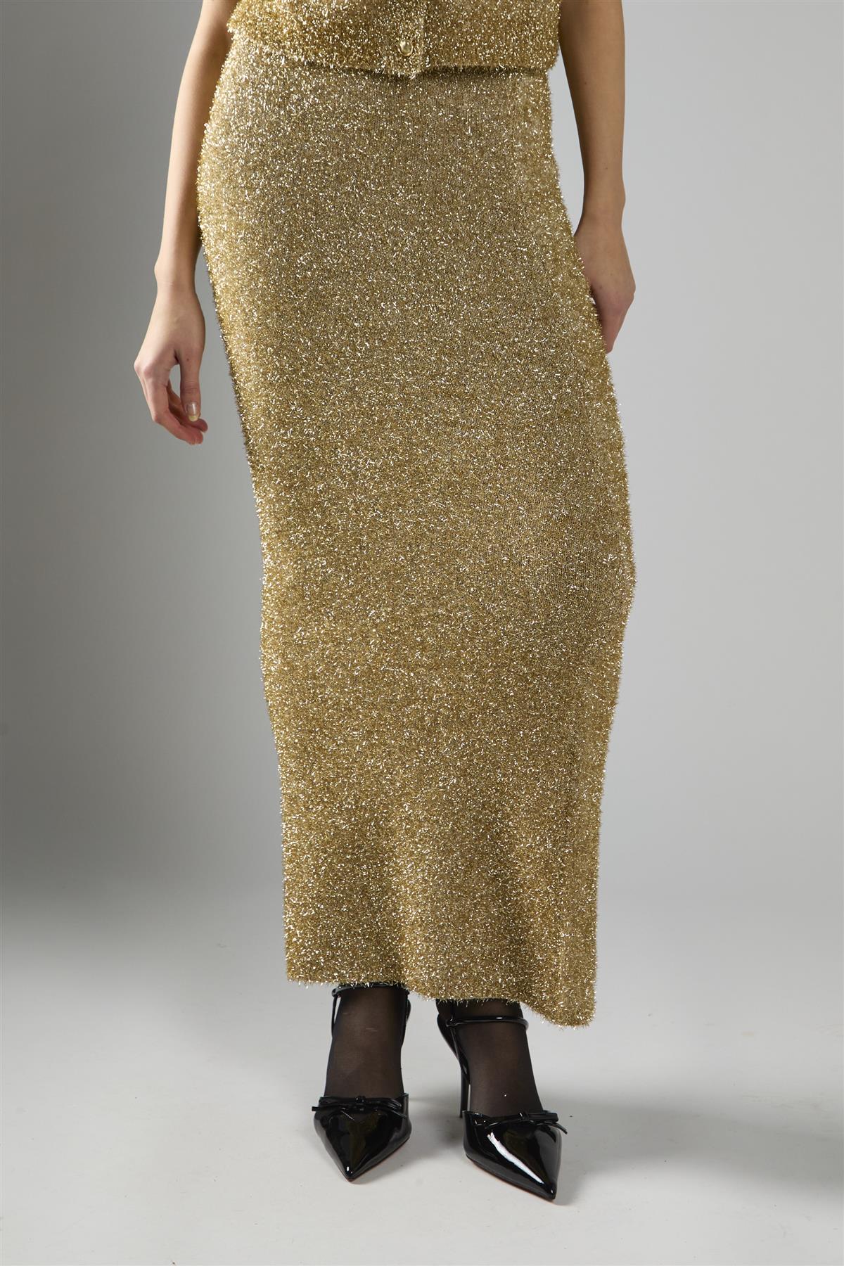Gold Tinsel High Waisted Maxi Skirt - Image 3
